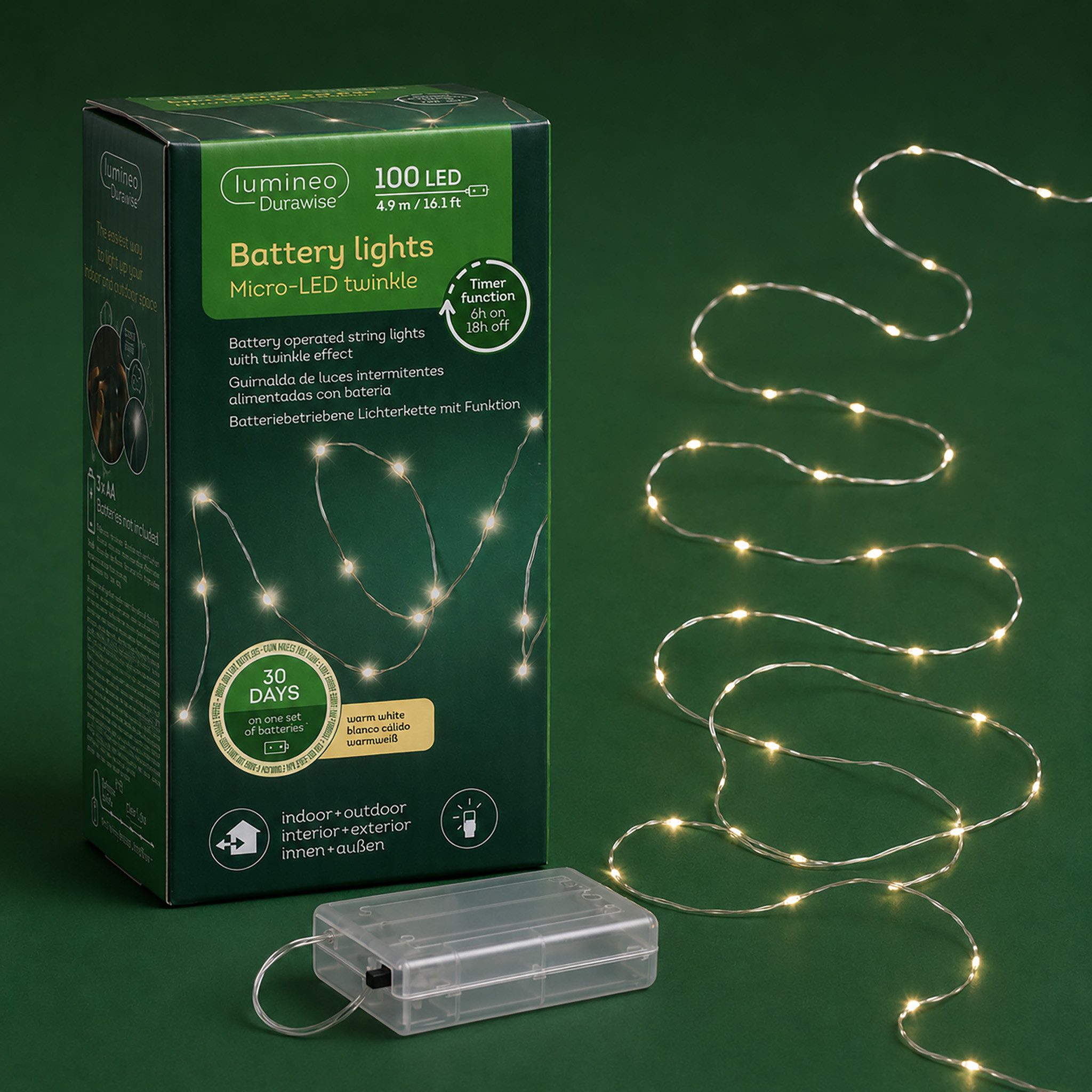 Lumineo LED-Lichterkette, LED Lichterkette mit Timer / Batteriebetrieb 495cm 100 LEDs Warmweiß