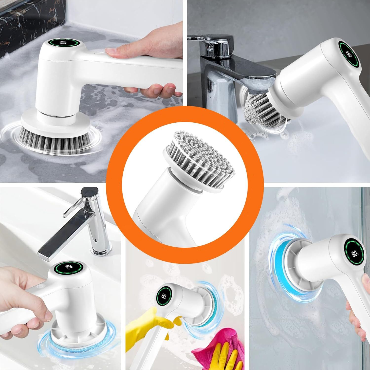 REDOM Elektro-Oberflächenbürste Elektrische Reinigungsbürste 5-in-1 Kabellos, 2000 mAh Akku IPX7 Wasserdicht, 1-tlg., 5 austauschbare Reinigungsaufsätze 2 Geschwindigkeiten, Für Bad Küche Fliesen Fugen Glas mehr