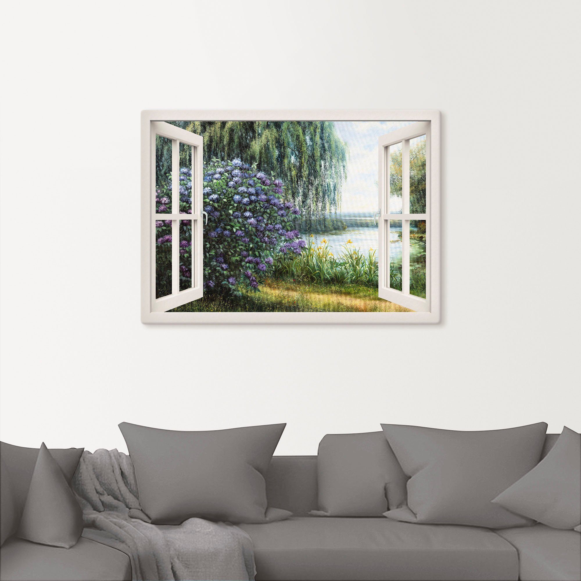 Artland Leinwandbild Hortensien am See, Fensterblick (1 St), auf Holzrahmen gespannt
