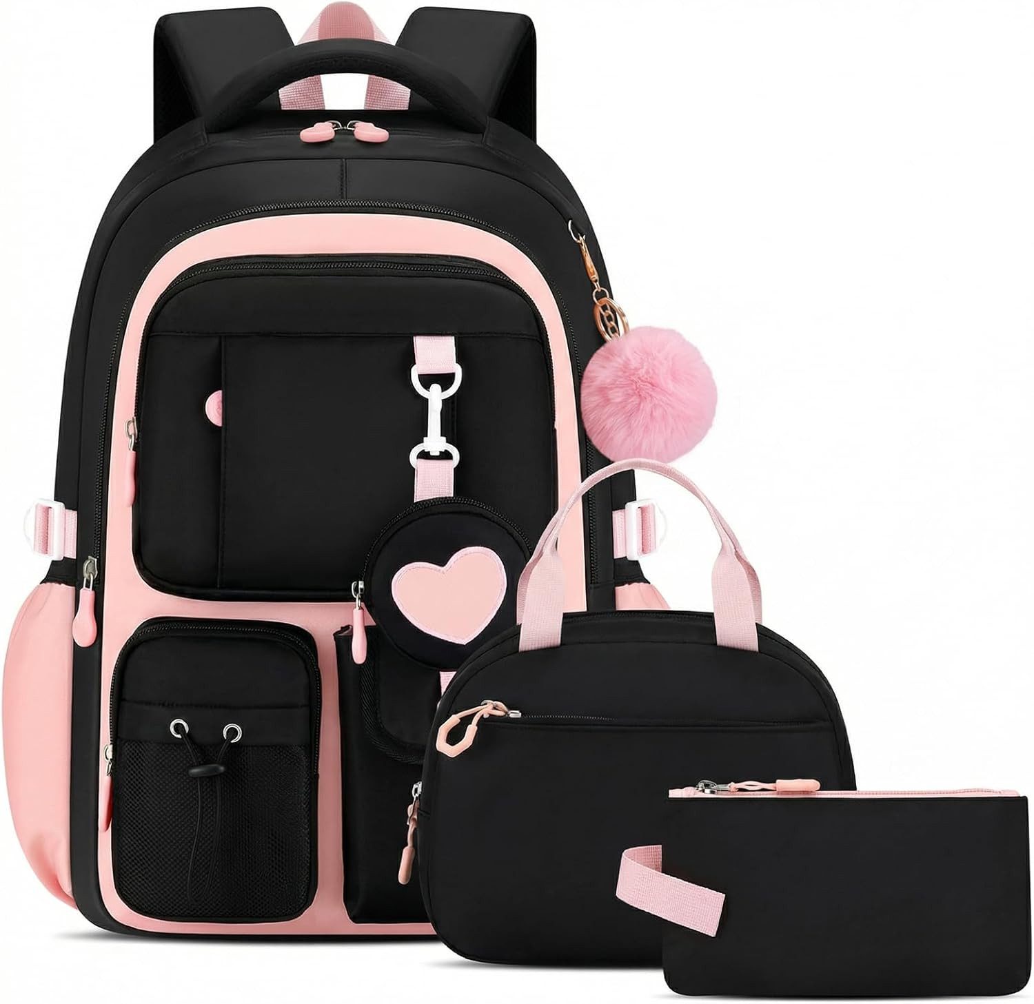 MOPUEA Schulrucksack Schultasche Mädchen Teenager Kawaii 23 L für 3.-7. Klasse (Schulrucksack-Set mit Lunch Tasche und Federmäppchen, 4-tlg., Mit Schulrucksack Lunch Tasche Federmäppchen und Geldbörse), Leicht Wasserabweisend Großes Fassungsvermögen Ergon