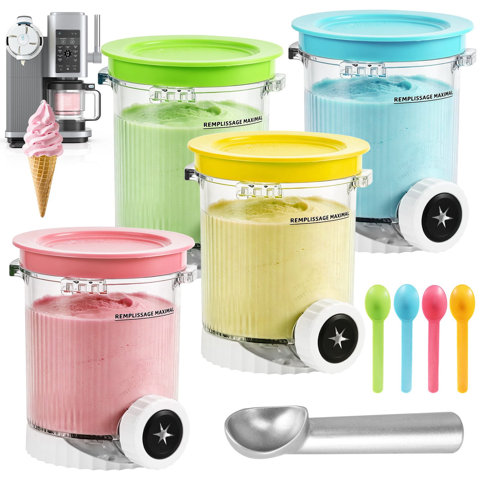 BlingBin Eisbereiteraufsatz 4 Stück Eisbehälter mit Farbigen Deckel für Ninja CREAMi Behälter, Zubehör für NC700 NC701-Serie, Auslaufsiche Eiscremebehälter mit Schaufel für NC700 NC701-Serie