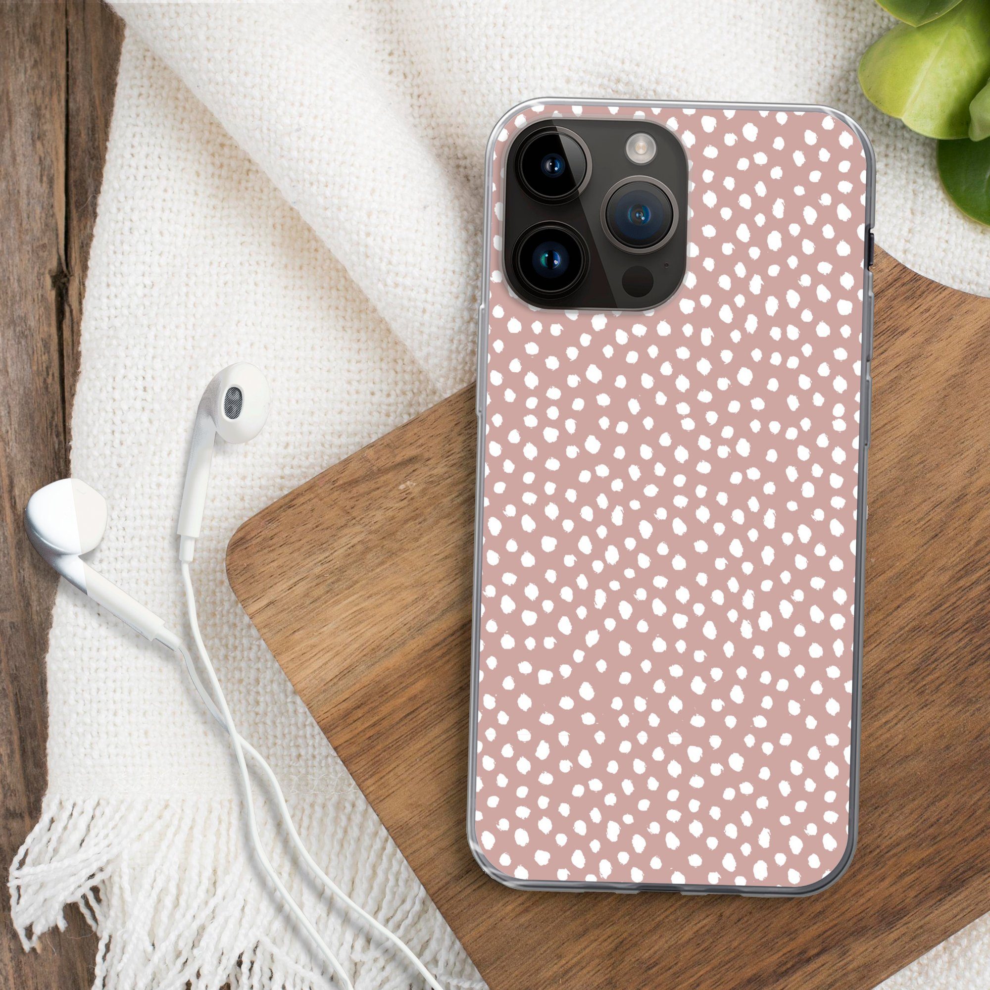 MuchoWow Handyhülle für Apple iPhone 14 Pro Max Polka dots - Weiß - Rosa, Smartphone-Bumper, Print, Handy Schutzhülle Dünn