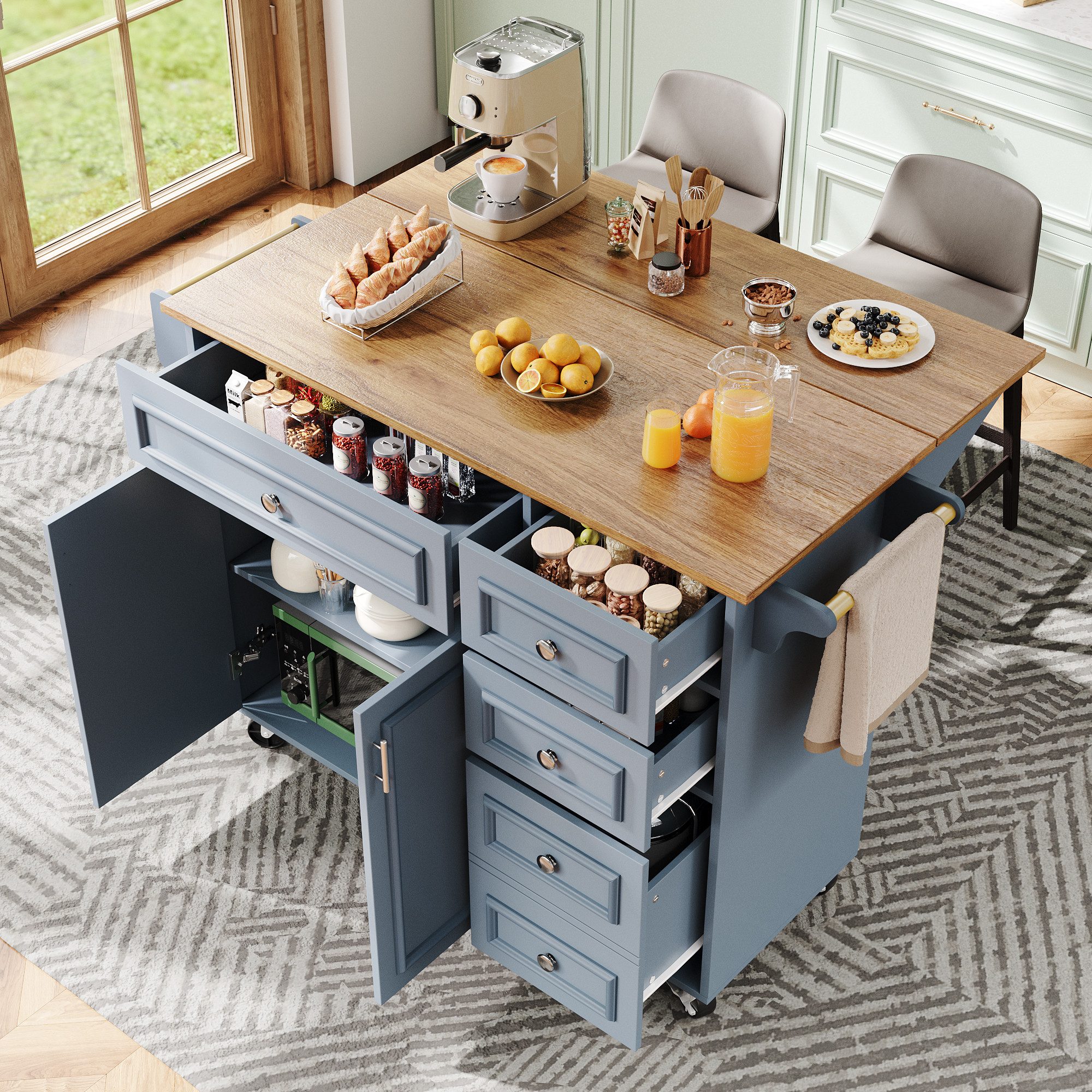 Flieks Küchenwagen mit erweiterbarer Arbeitsplatte, Rollen, 4 Schubladen und 2 Türen, (1 St), Servierwagen Kücheninsel Buffetschrank mit klappbare Tischplatte