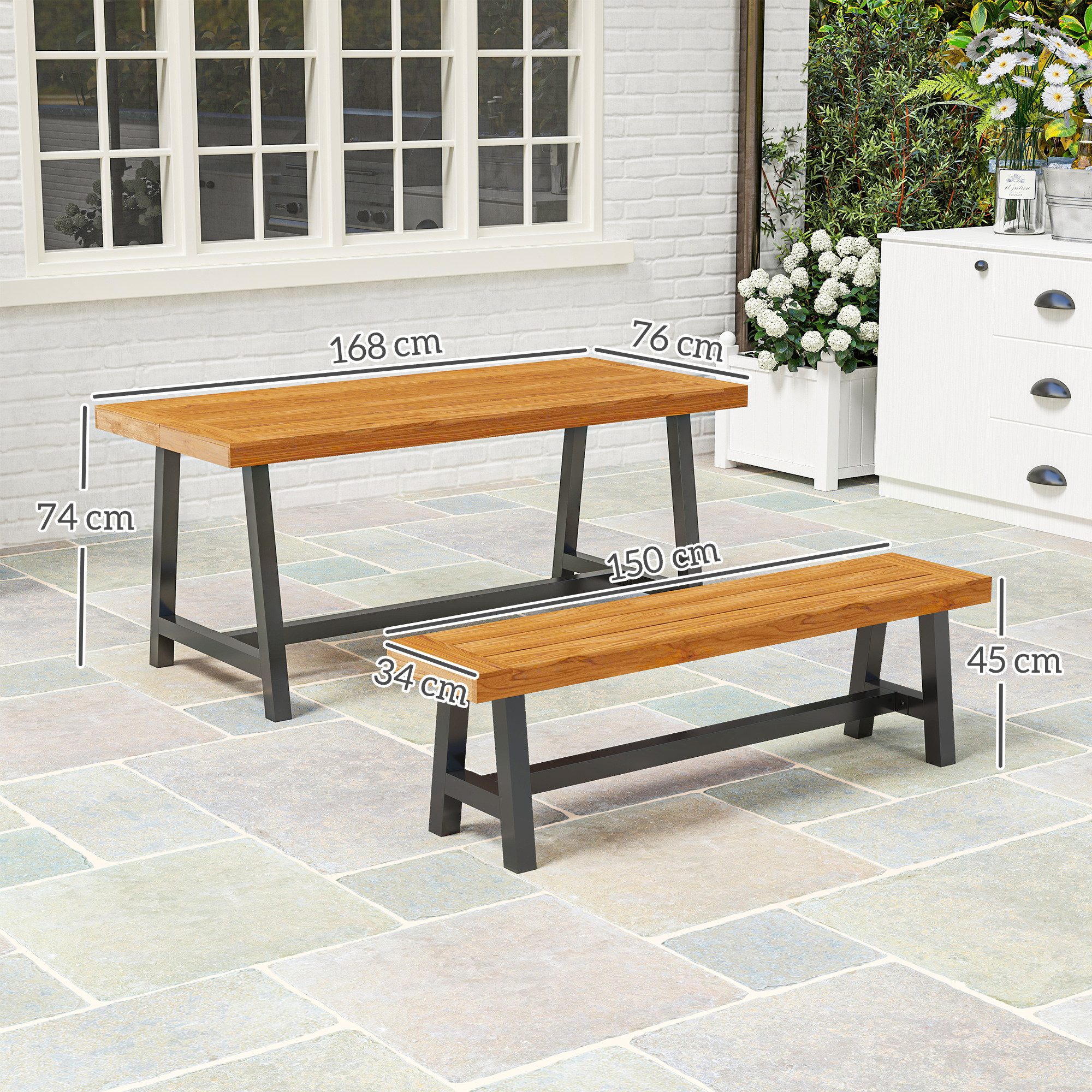 Outsunny Garten-Essgruppe im Lamellendesign, 2 Bänke, Holztisch, (Holz Essgruppe für 4 Personen, 3-tlg., 3-teilig Sitzgruppe), für Terrasse, Balkon, Teak