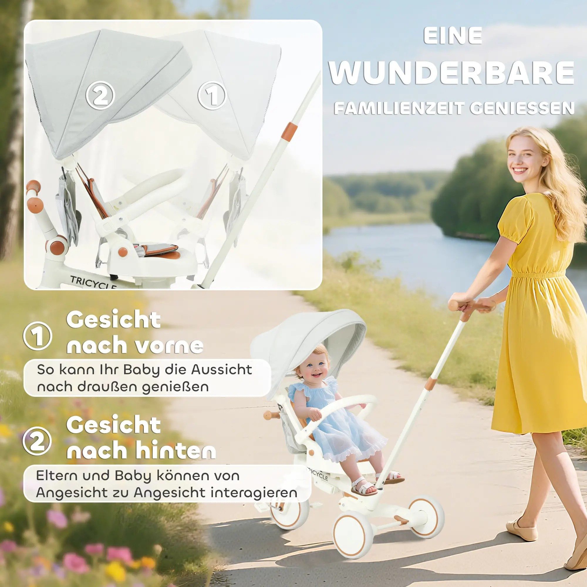 BlingBin Dreirad-Kinderwagen Dreirad 5-in-1 mit Schubstange für 1-3 Jahre Faltbar Kinderdreirad, (1er set, 1-tlg), mit reversiblem Sitz, ausziehbar Sonnendach, Aufbewahrungstasche