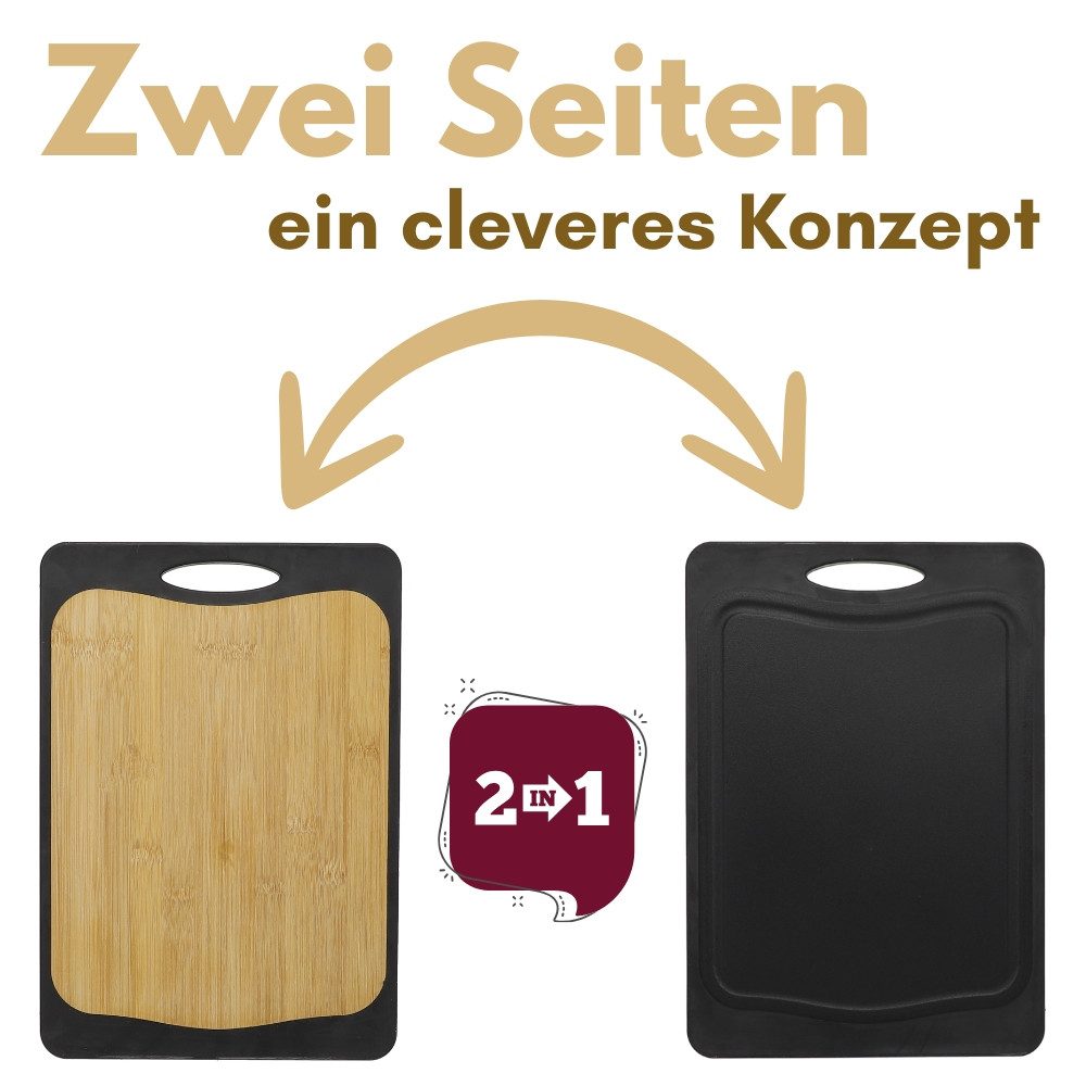 GarPet Schneidebrett 2er Set Schneidebrett Kunststoff und Bambus 2in1 Schwarz Rutschfest