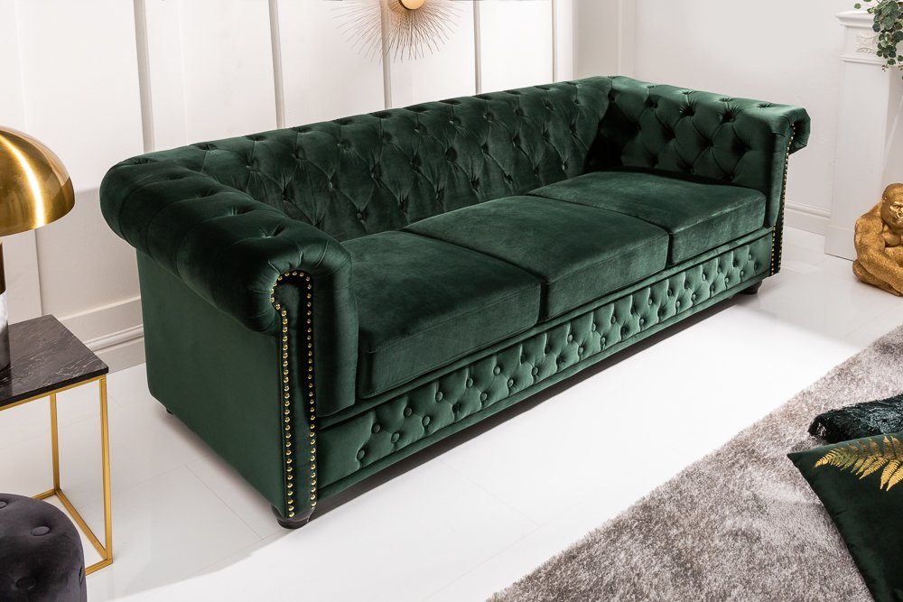 riess-ambiente Sofa CHESTERFIELD 205cm flaschengrün - Samt, Federkern, Rundumbezug, Nieten, Einzelartikel 1 Teile, 3-Sitzer Couch mit Knopfheftung - ideal für G – Bild 4 von 5