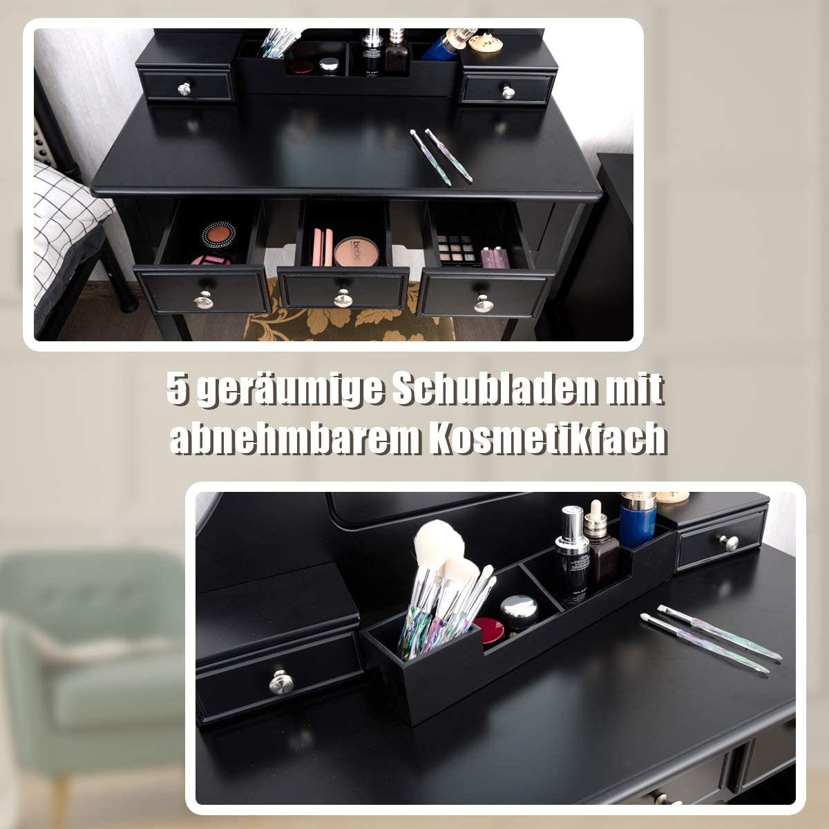 abnehmbarer Schwarz 5 Spiegel Schminktisch COSTWAY mit Aufbewahrungsbox, Schubladen, Hocker, drehbarem