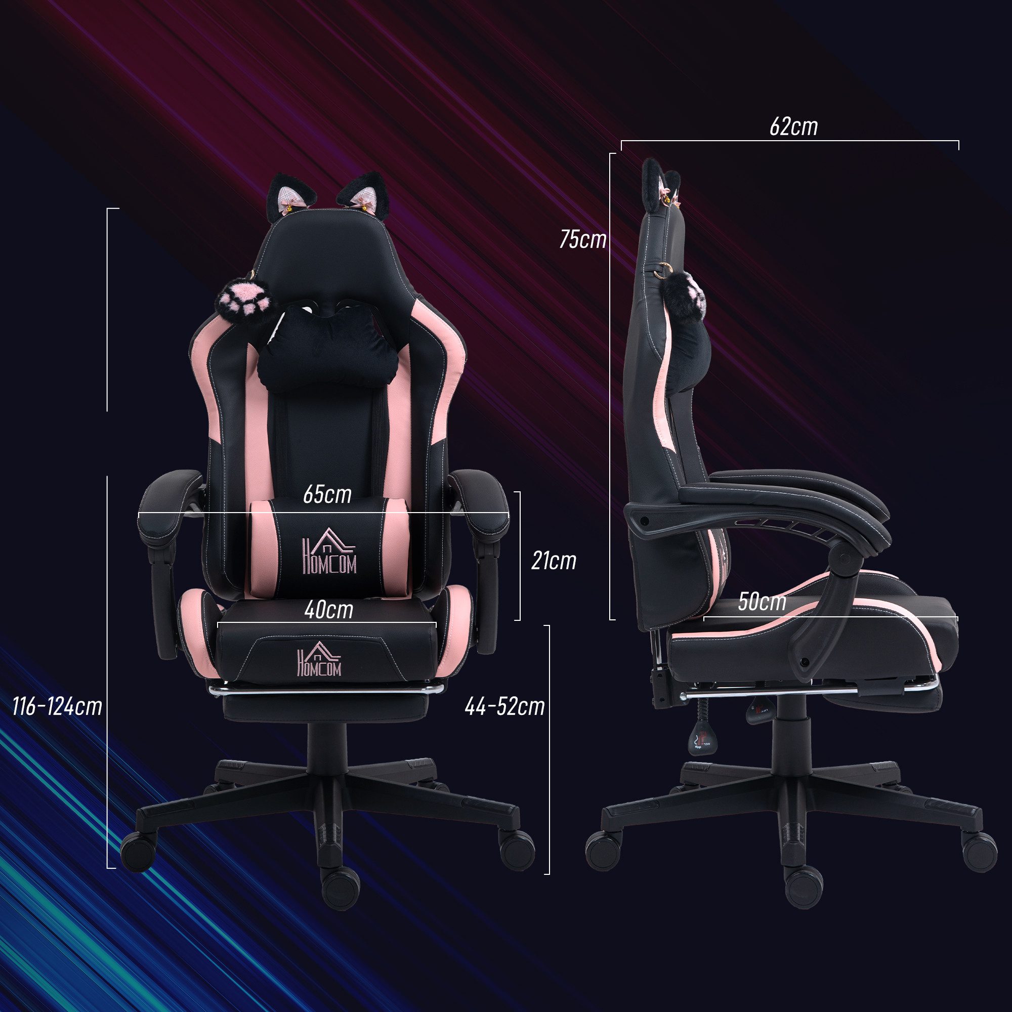 HOMCOM Gaming-Stuhl Gamer-Stuhl mit Lendenwirbelstütze, Bürostuhl mit Liegefunktion (Bürostuhl, 1 St), Mit Katzenohren und Fußstütze