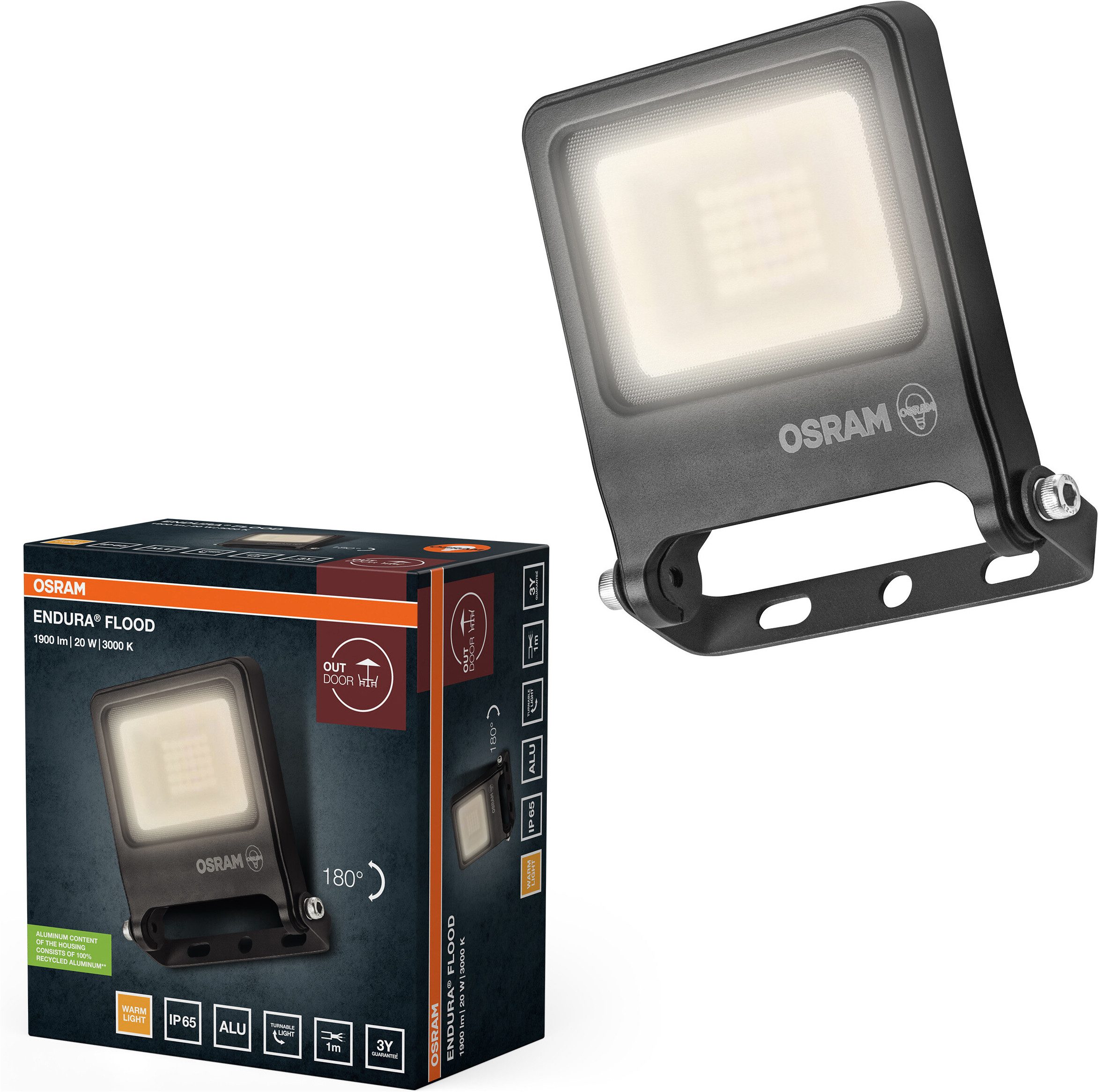 Osram LED Flutlichtstrahler ENDURA® Flood Warm White PCR, LED fest integriert, Warmweiß, grau, LED-Modul, Aluminium