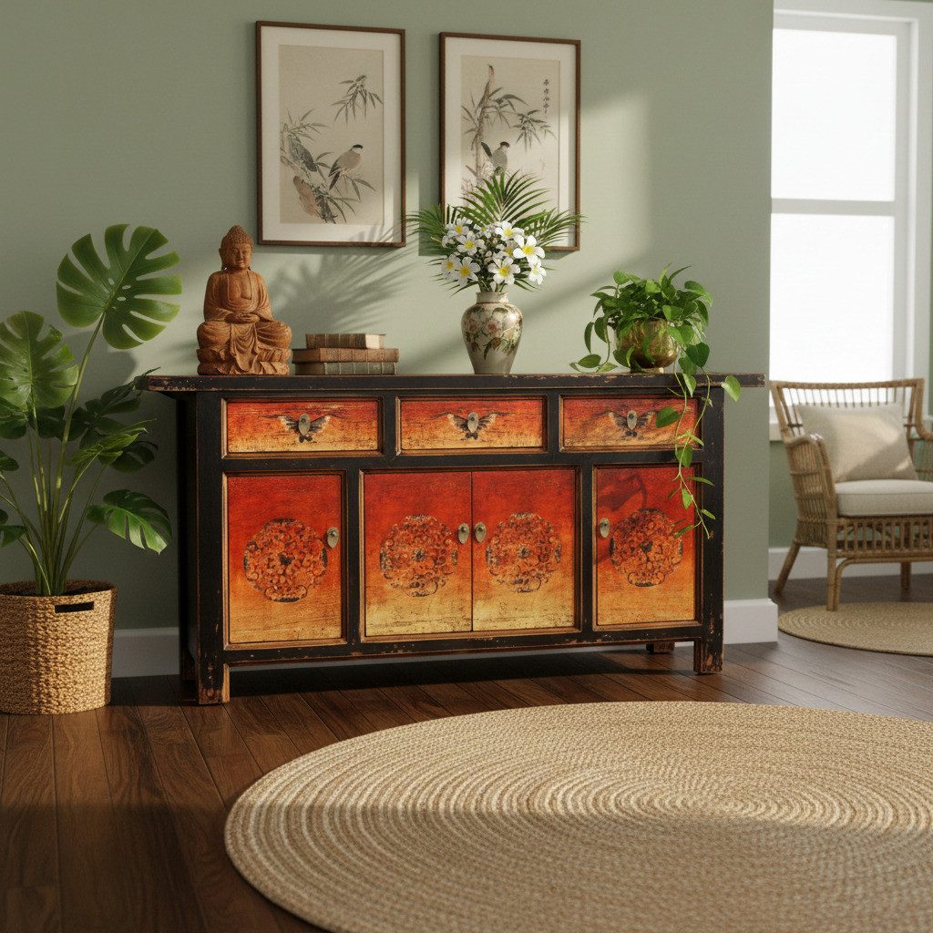 OPIUM OUTLET Sideboard Schrank Kommode Asia Vintage Möbel chinesisch orientalisch asiatisch (authentische Motive, Hochzeitsschrank Anrichte Buffet), B x T x H: 175 cm x 45 cm x 85 cm / komplett montiert