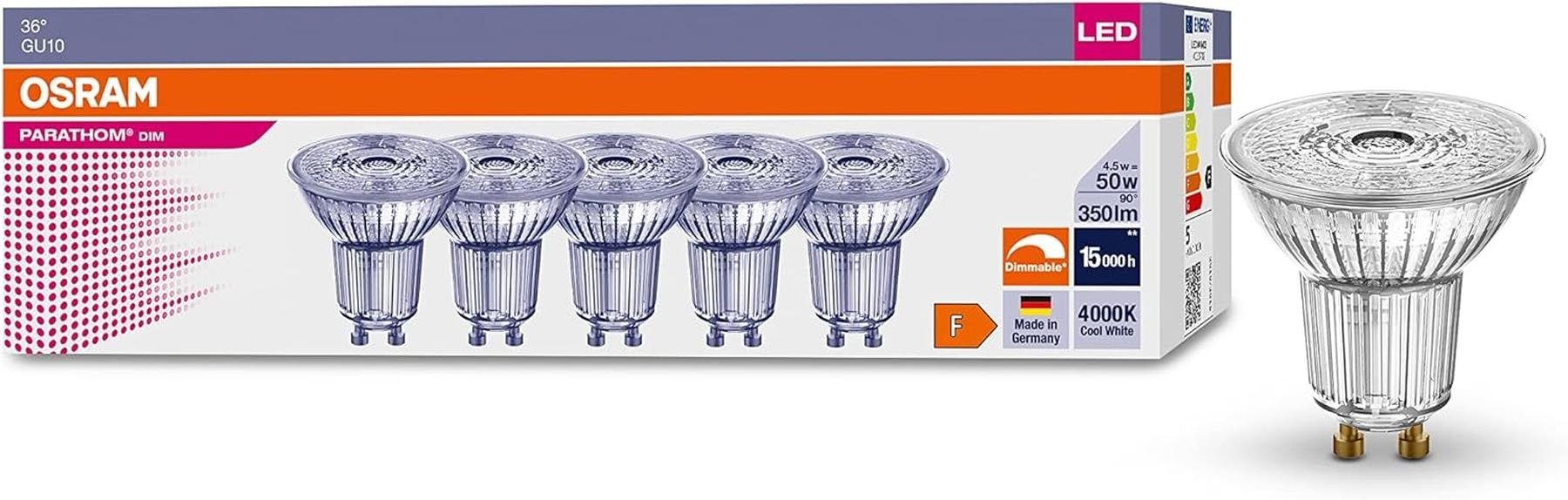 Osram LED-Leuchtmittel OSRAM-Dimmbare-LED-Reflektorlampen-mit-GU10-Sockel, GU10, Kaltweiss, 50W [5ER PACK] Dimmbar 4000K Lampe Halogen