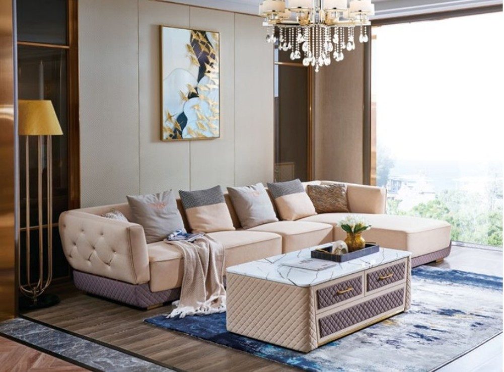 JVmoebel Ecksofa Relax-Sitz Polstergarnitur aus Nappaleder in Beige und Lila, Made in Europa