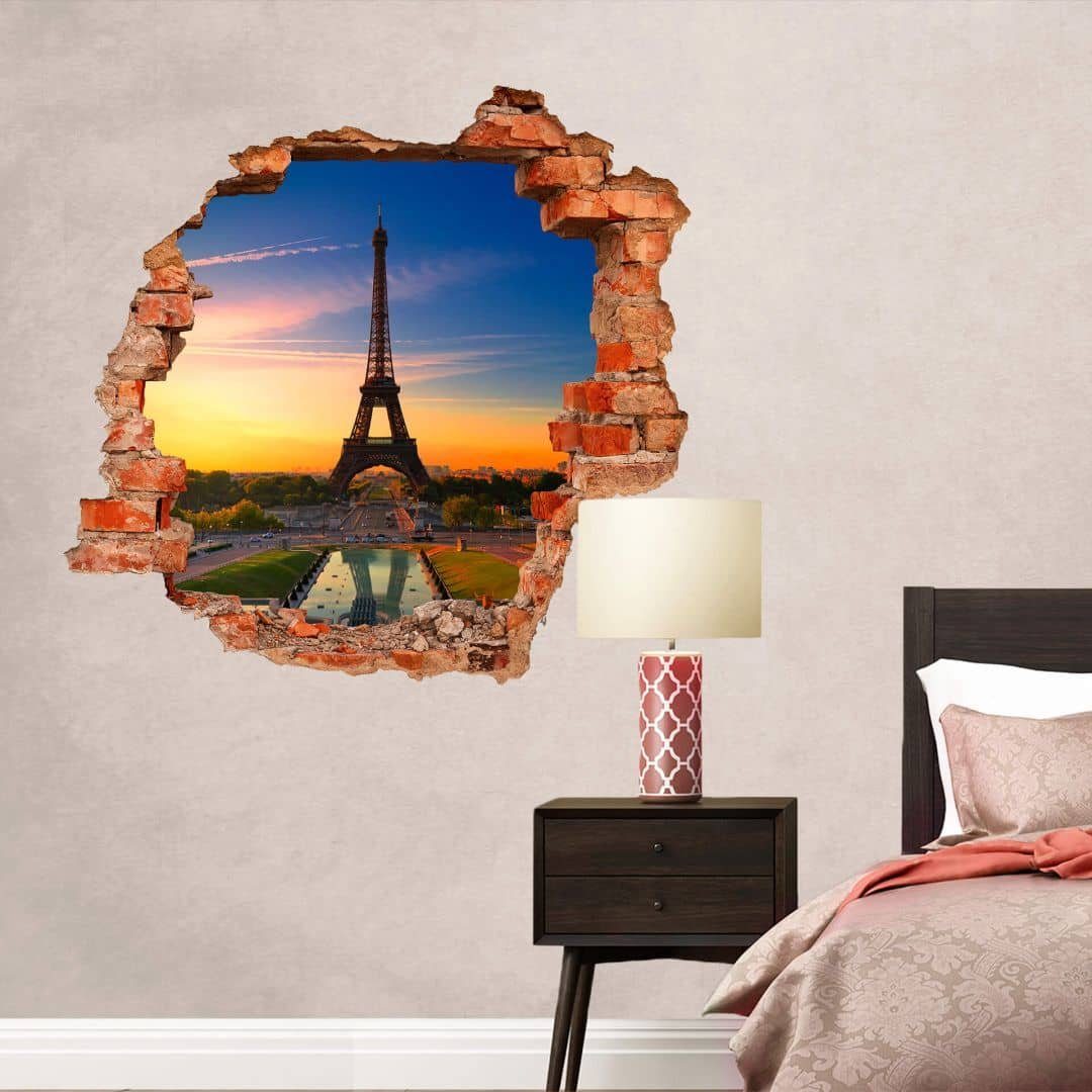 K&L Wall Art Wandtattoo 3D selbstklebend Sonnenuntergang, Wandtattoo Wandbild Wandsticker Mauerdurchbruch Eiffelturm Paris Frankreich