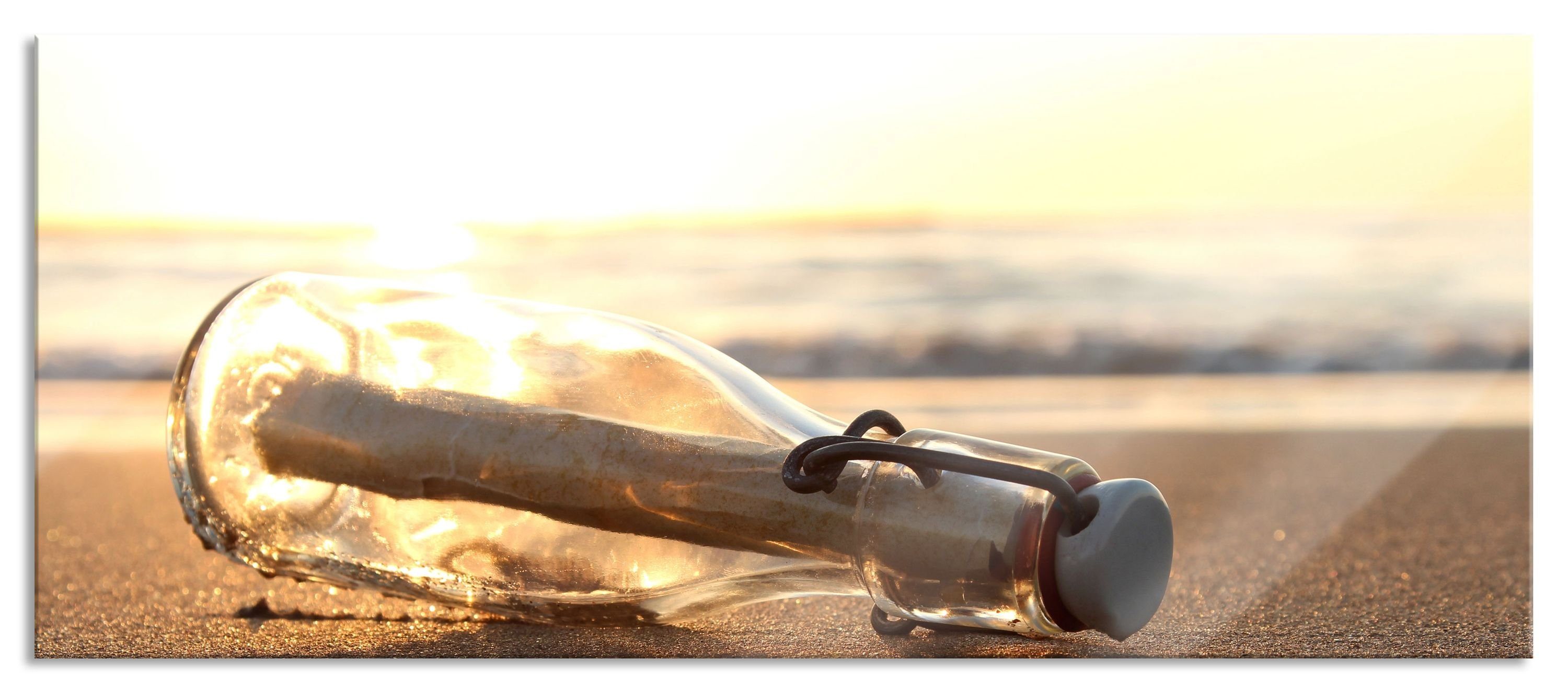 Aufhängungen Echtglas, am Flaschenpost Glasbild am aus Strand, Glasbild Flaschenpost und (1 Strand Pixxprint inkl. Abstandshalter St),