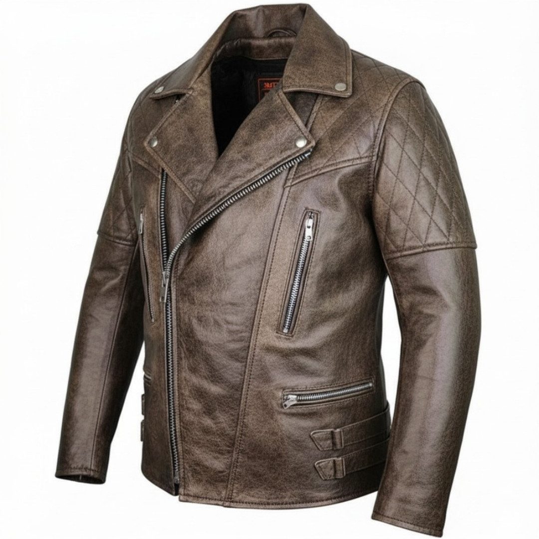 MDM Lederjacke Herren Retro Motorrad Lederjacke Vintage Bikerjacke Echtleder mit Protektoren