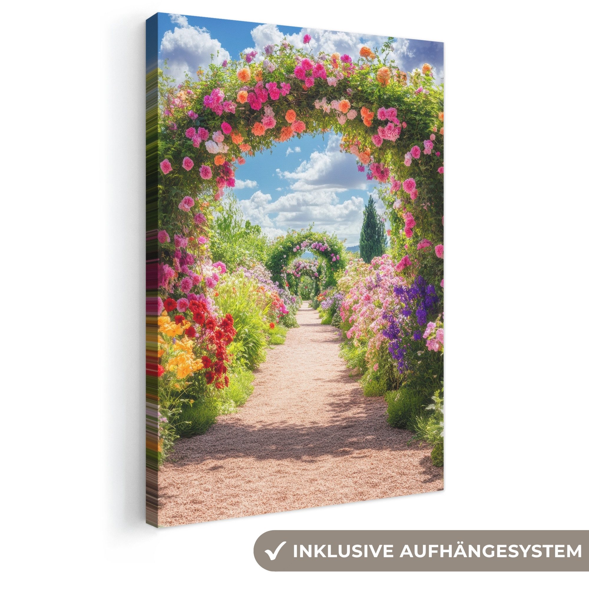 OneMillionCanvasses® Leinwandbild Fensterblick - Fenster - Blumen - Farbenfroh - Natur, Fotodruck (1 St), Leinwand Canvas Wandbild, Wanddekoration 20x30 cm