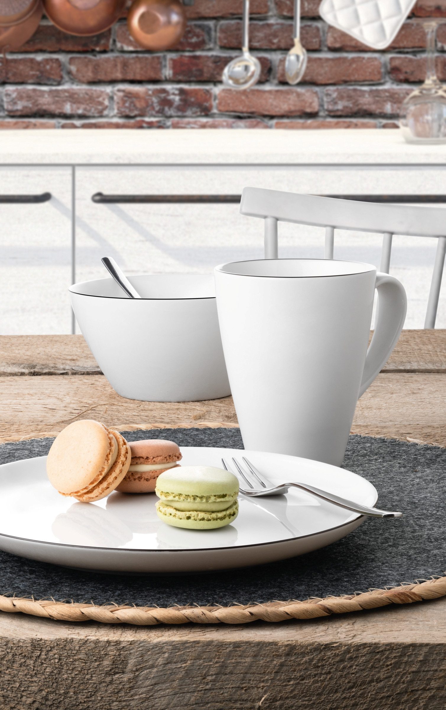 Seltmann Weiden Frühstücks-Geschirrset Geschirr-Set, 18 Teile, Lido Black Line, rund (18-tlg), 6 Personen, Porzellan, Becher, Teller, Schalen, 18 Teile, 6 Personen, Made in Germany