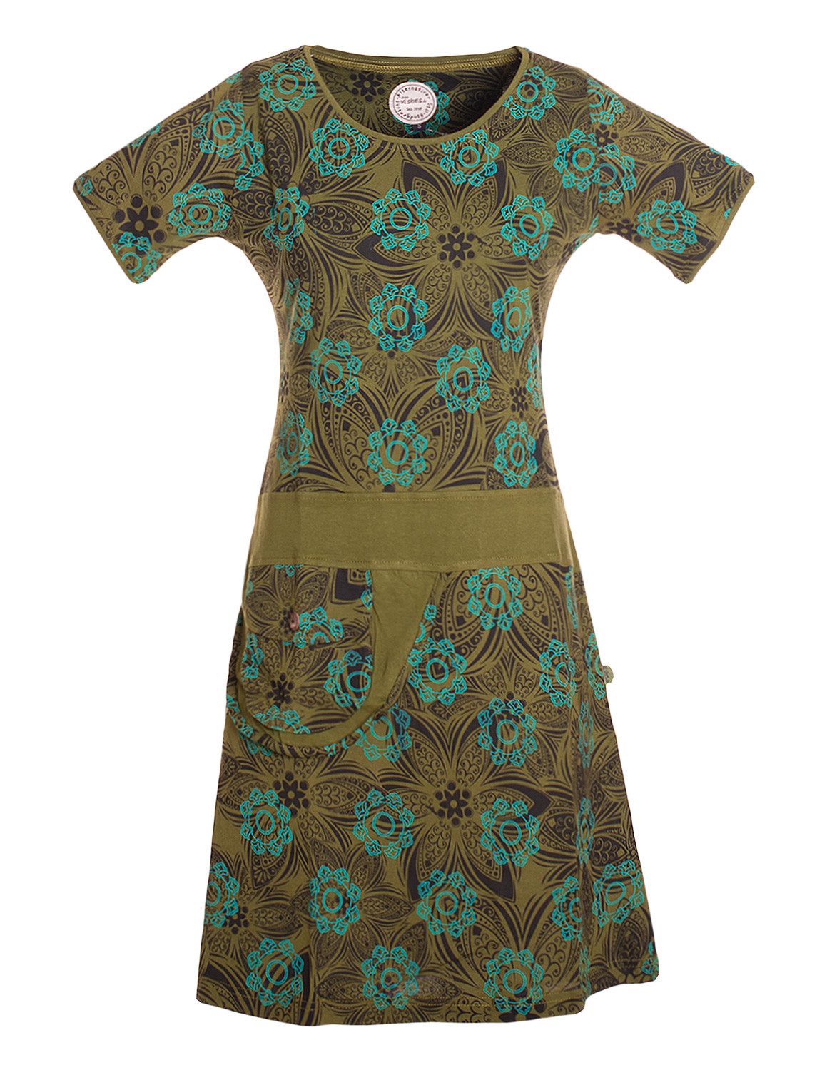 Vishes Jerseykleid Kurzarm Kleid Damen Bedruckt Blüten Tasche Jersey Baumwolle Alternative Mode, Boho, Hippie, Ethno, Festival