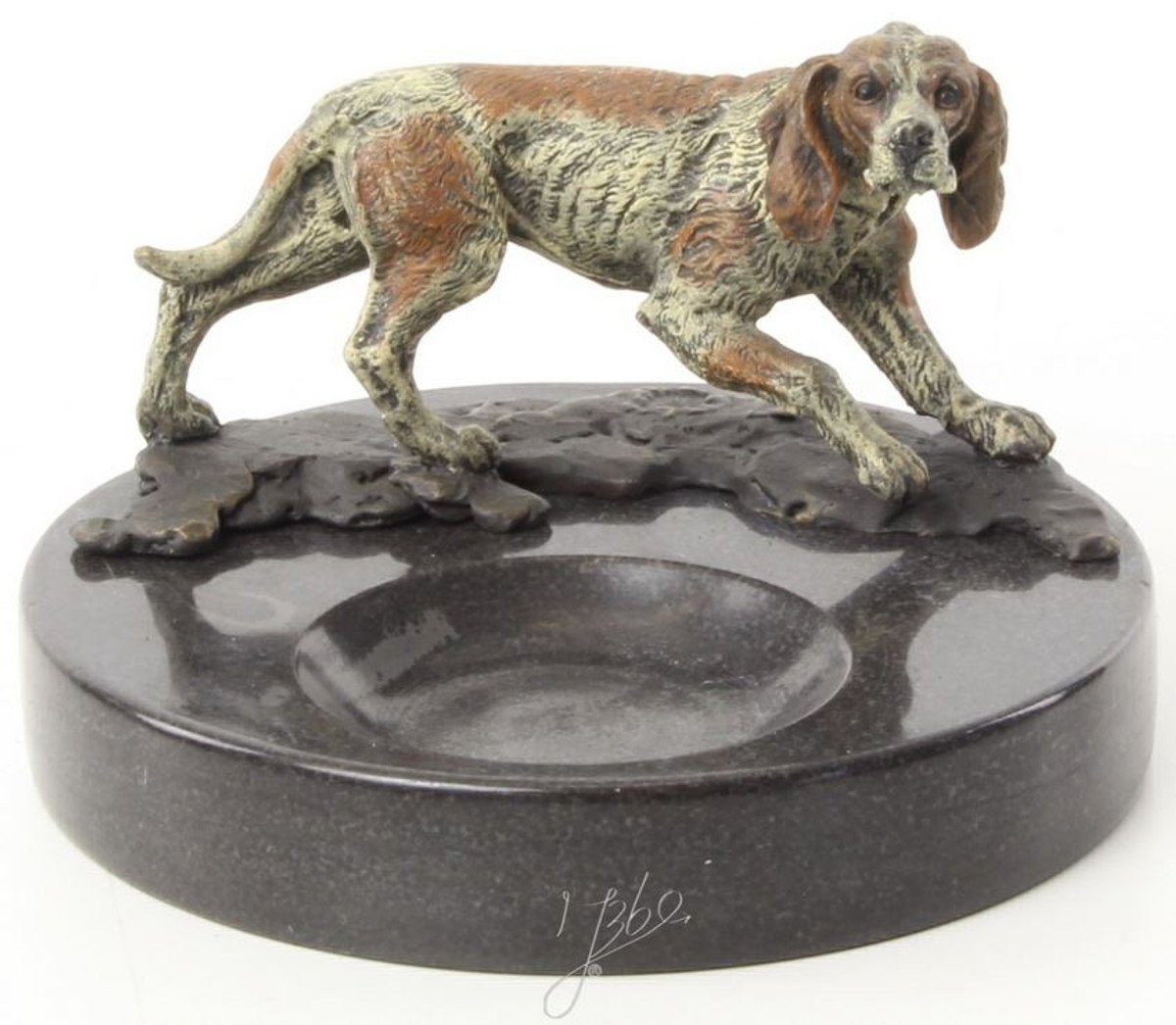 Casa Padrino Aschenbecher Luxus Marmor Aschenbecher mit dekorativer Bronzefigur Hund Mehrfarbig / Schwarz Ø 8,2 x H. 13 cm - Luxus Qualität