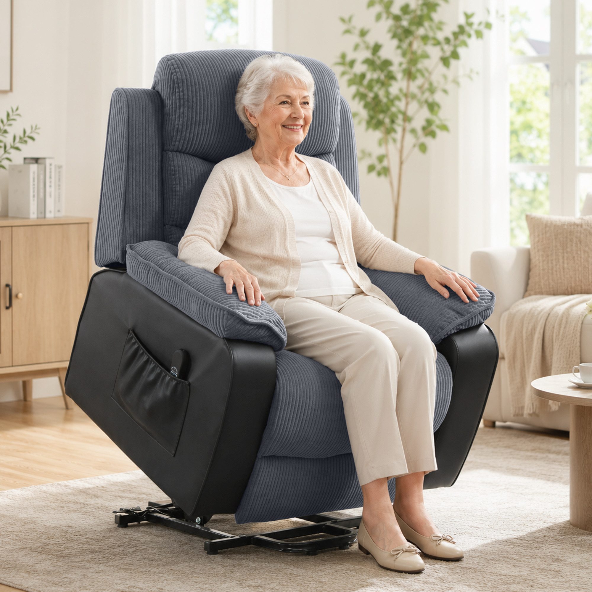 HOMCOM Relaxsessel Elektrisch mit Aufstehhilfe (Kord, 1-St., TV-Sessel), Seitentasche und Fernbedienung, Dunkelgrau
