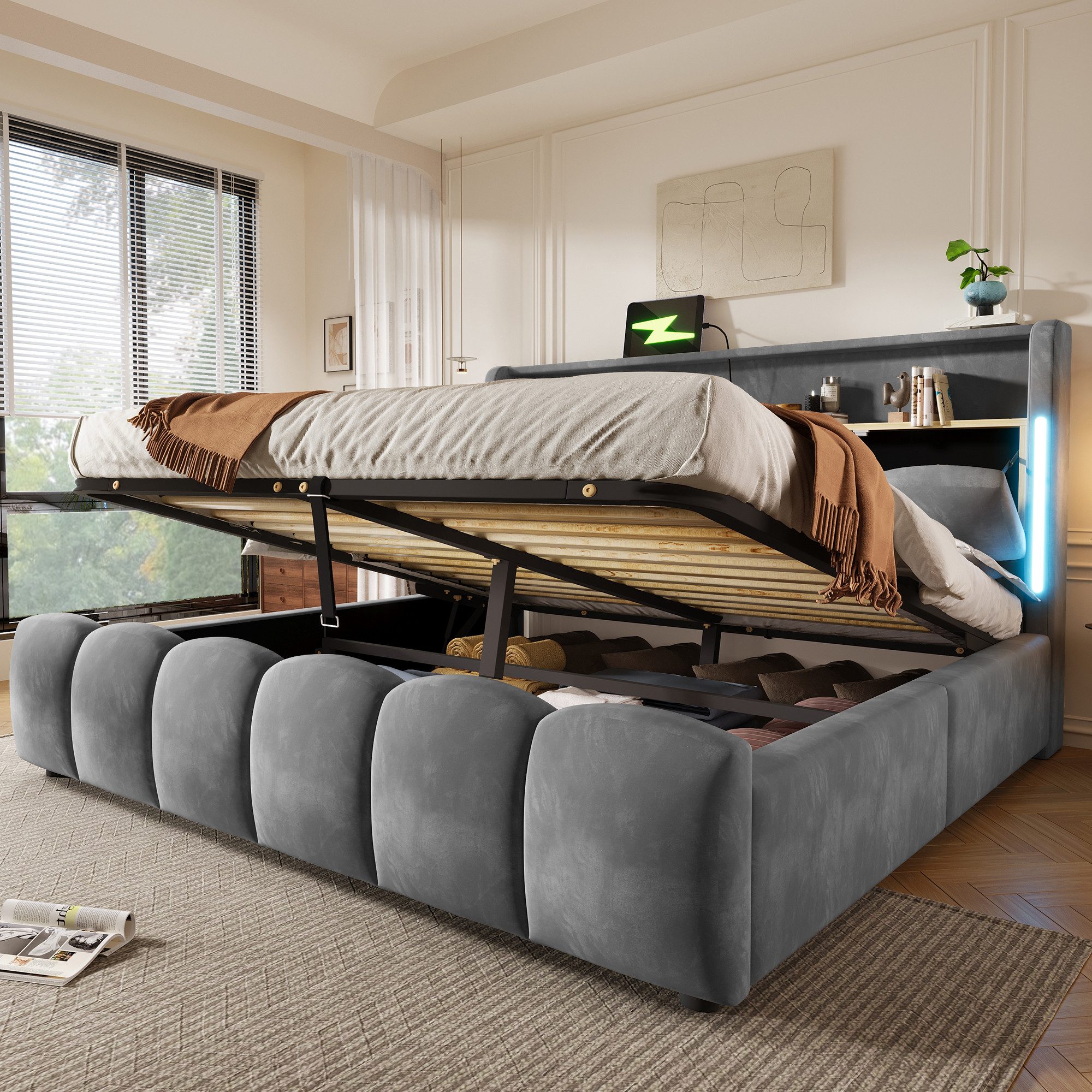 Merax Polsterbett 180x200 cm mit hydraulischem Stauraum und LED-Beleuchtung (1-tlg), Doppelbett mit Kopfteil mit Staufach,USB & Typ-C Anschlüssen,Samtbezug