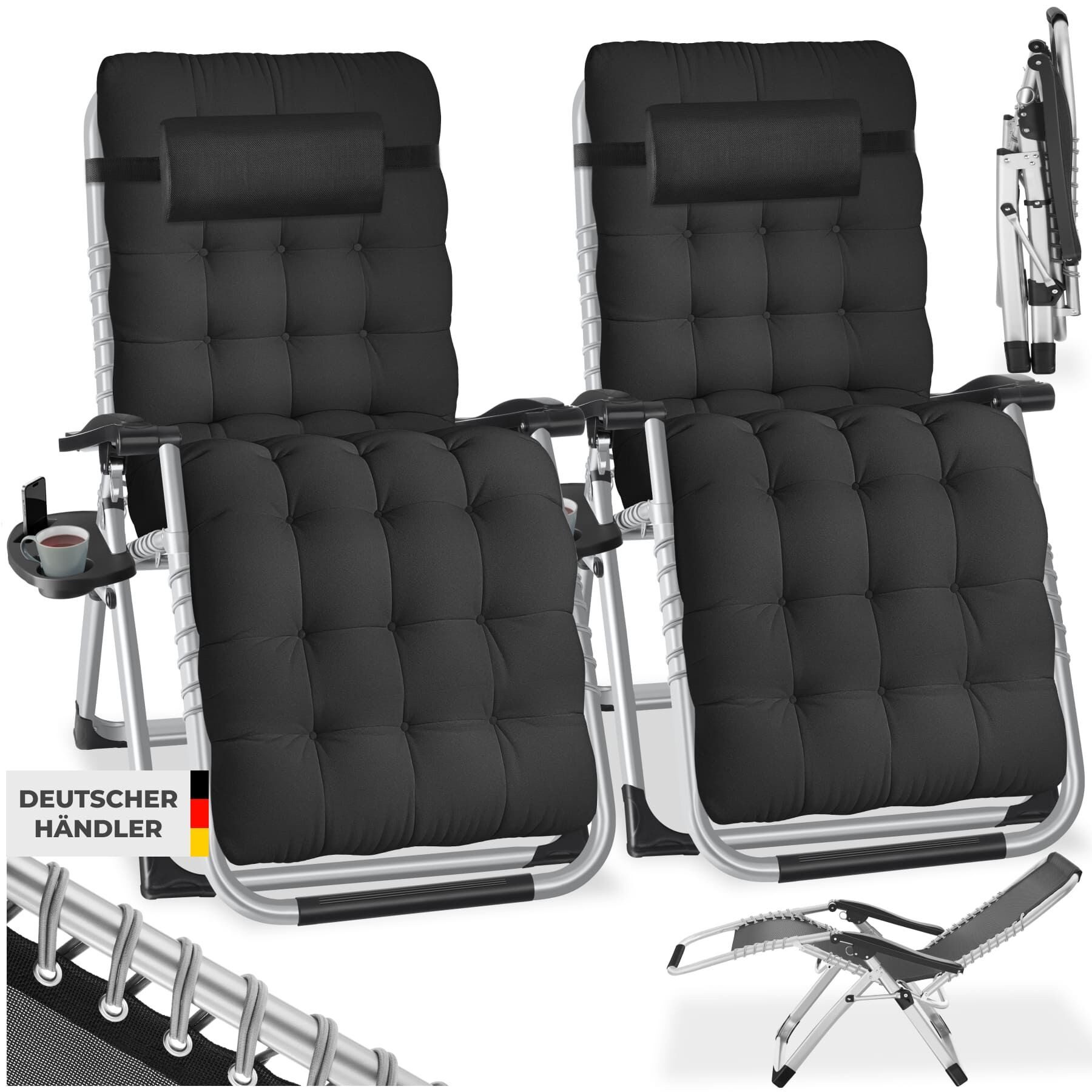 tectake Gartenstuhl Sonnenliege, klappbar, Belastbarkeit je 200 kg, 84 x 168 x 82,5 cm (Terrassenstuhl Cloud für Außen in Schwarz, 2 St), widerstandsfähig, Sitz- und Kopfpolster, verstellbar inkl. Ablagetisch