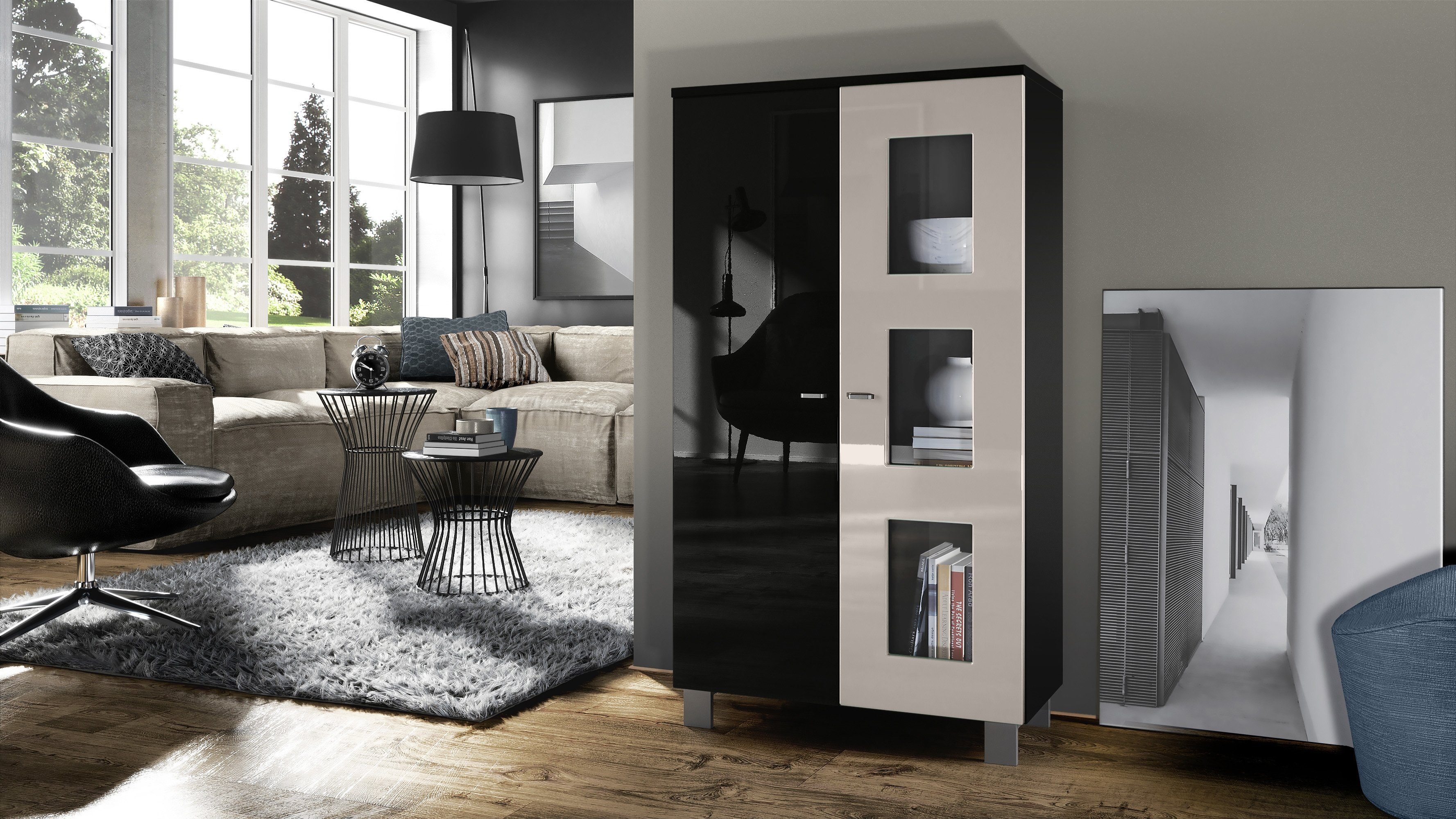 Vladon Standvitrine Denjo (Standvitrine, mit 2 Türen und 3 Glaseinsätzen) Schwarz matt/ Schwarz Hochglanz/ Sandgrau Hochglanz (71 x 129 x 35 cm)