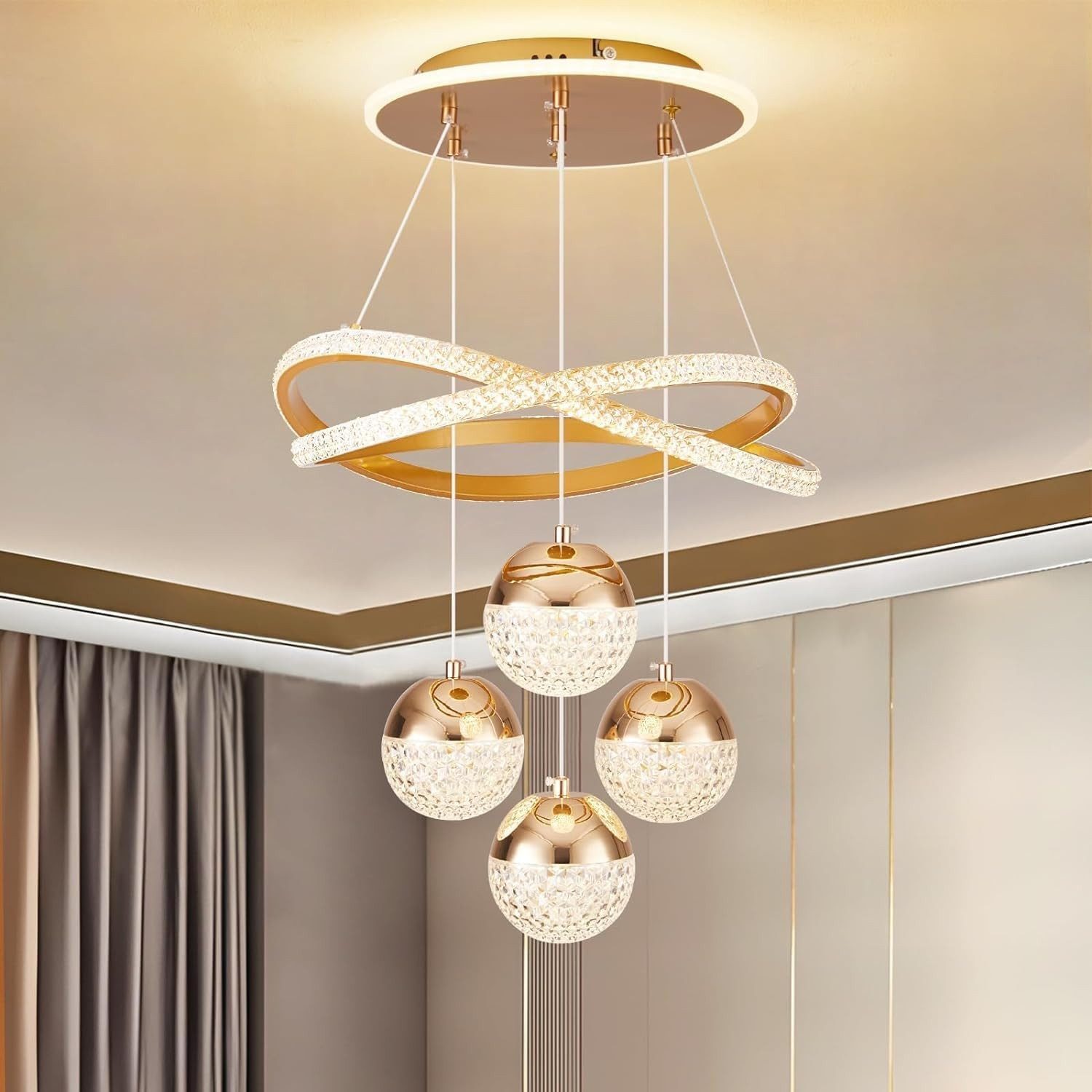 JDONG Pendelleuchte Dimmbar mit Fernbedienung 54W LED Pendellampe, 100CM Höhenverstellbar, Kronleuchter Kristall, Für Wohnzimmer Schlafzimmer Arbeitszimmer Büro Esszimmer