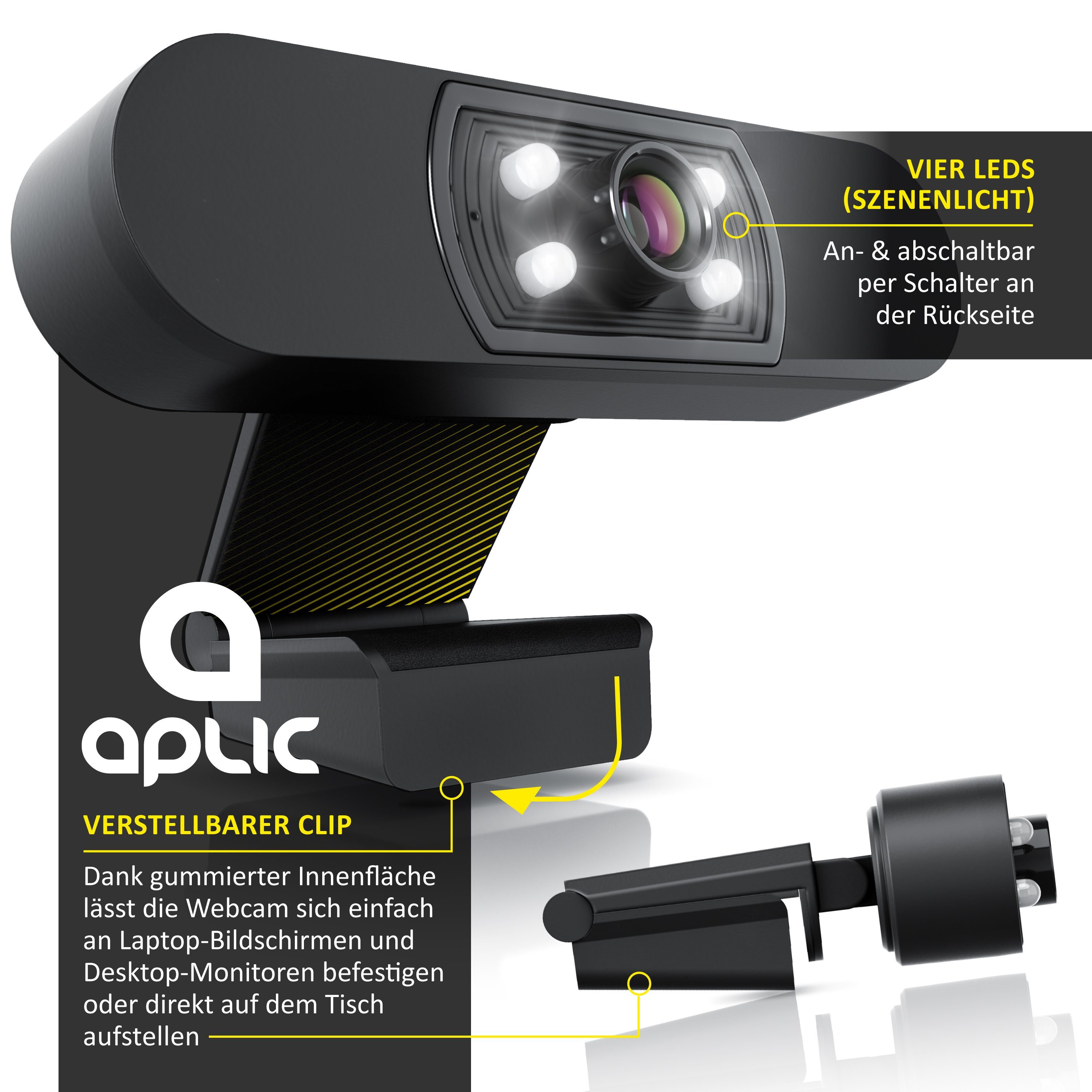Aplic Full HD-Webcam (Webcam - 1920x1080P @ 30 Hz – 4 Hilfslichter /  Szenelicht– 5P Linse – Mikrofon – automatischer Weißabgleich -  Low-Light-Korrektur - Stativgewinde ¼ Zoll – Plug&Play)