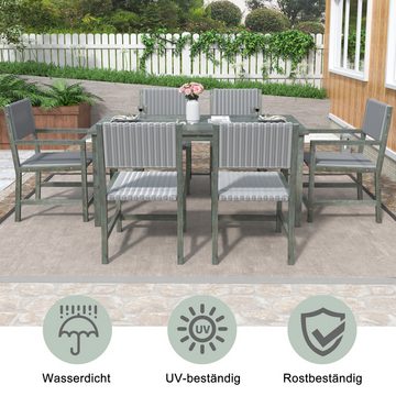 Flieks Garten-Essgruppe, 6-Sitzer Esstisch-Set Gartenmöbel aus HDPE-Rattan und Akazienholz