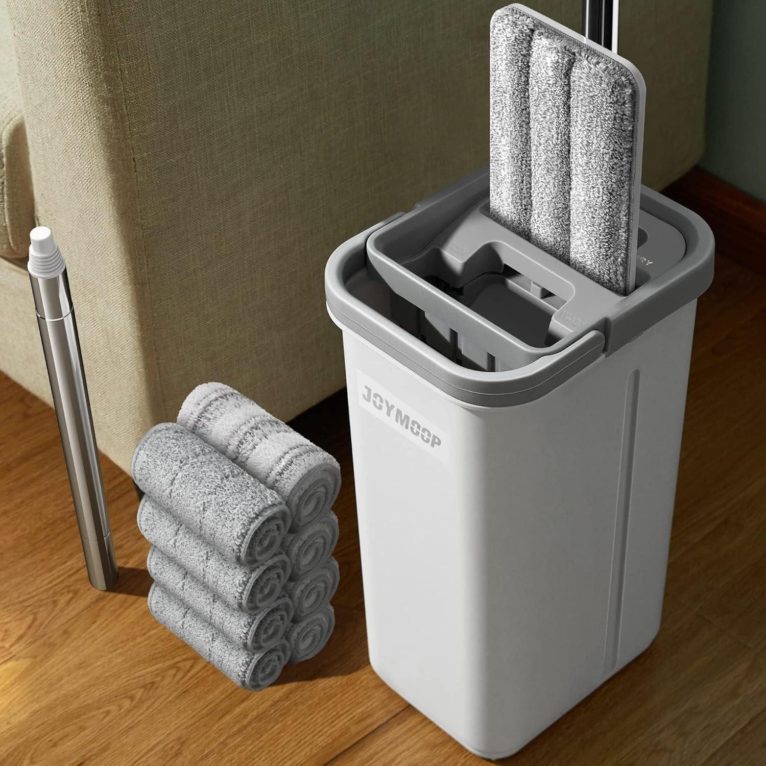 LuxusKollektion Wischmopp-Set Wischmopp Eimer mit Auswringer 8 waschbaren Mikrofaser-Pads Wischgriff