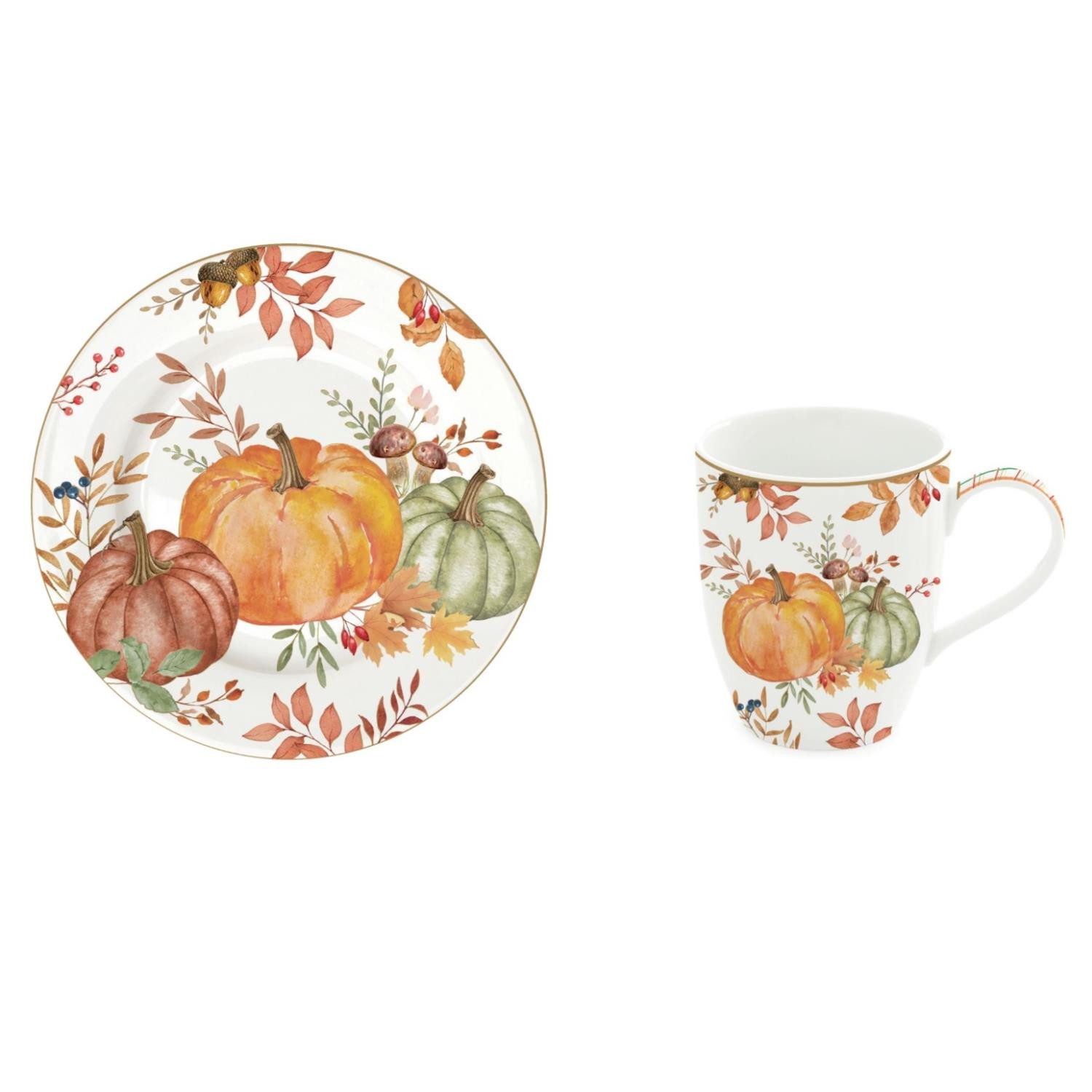 EasyLife Tasse Harvest, Porzellan, Höhe: 12.5cm, Farbe: Mehrfarbig, Motiv: Kürbis, Blätter + Karos
