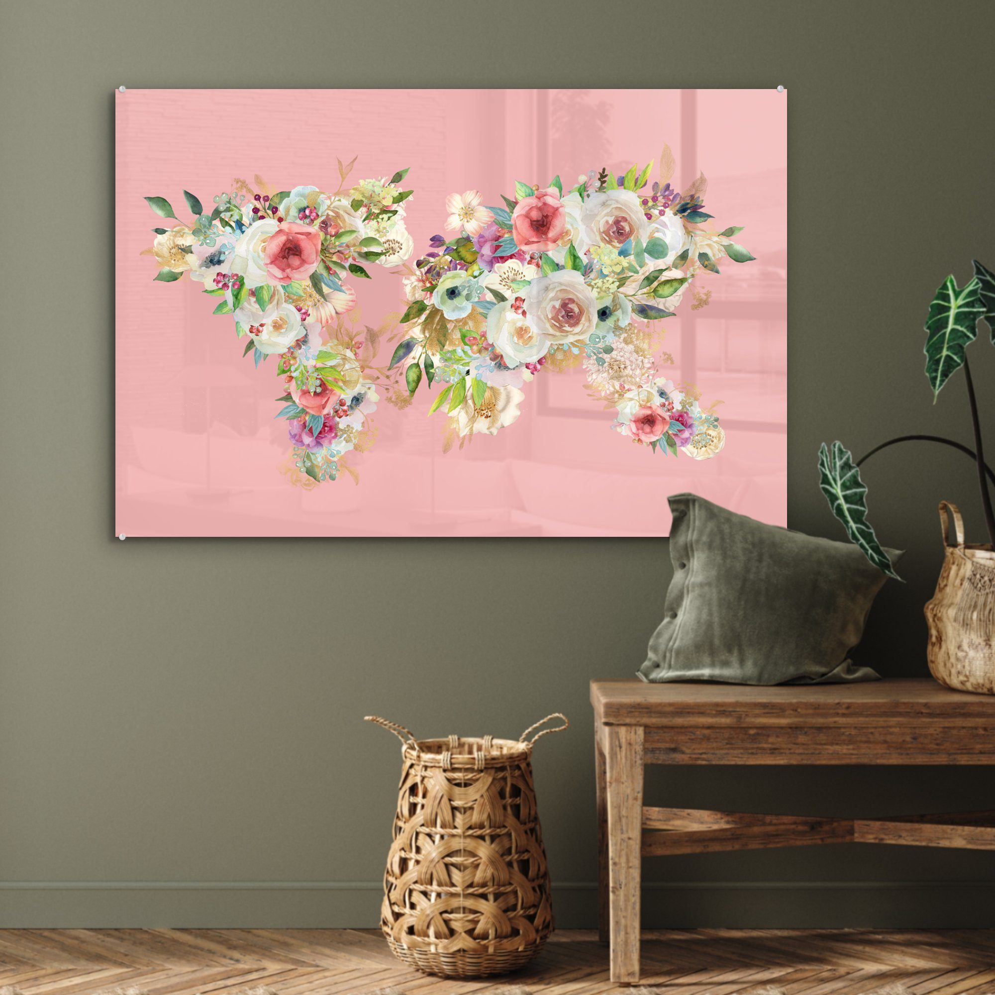 Wohnzimmer (1 - & Acrylglasbilder Schlafzimmer MuchoWow - Rosen - Weltkarte Rosa, Acrylglasbild St), Anemone