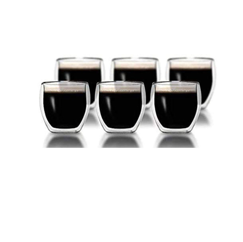 Klasique Gläser-Set 6 Doppelwandige Gläser 0,1L Kaffeeglas Espresso-Tasse Isolierglas, Aus hochwertigem Borosilikatglas, Thermogläser mit Schwebeeffekt, Espresso, Tee, Eistee, Säfte, Wasser