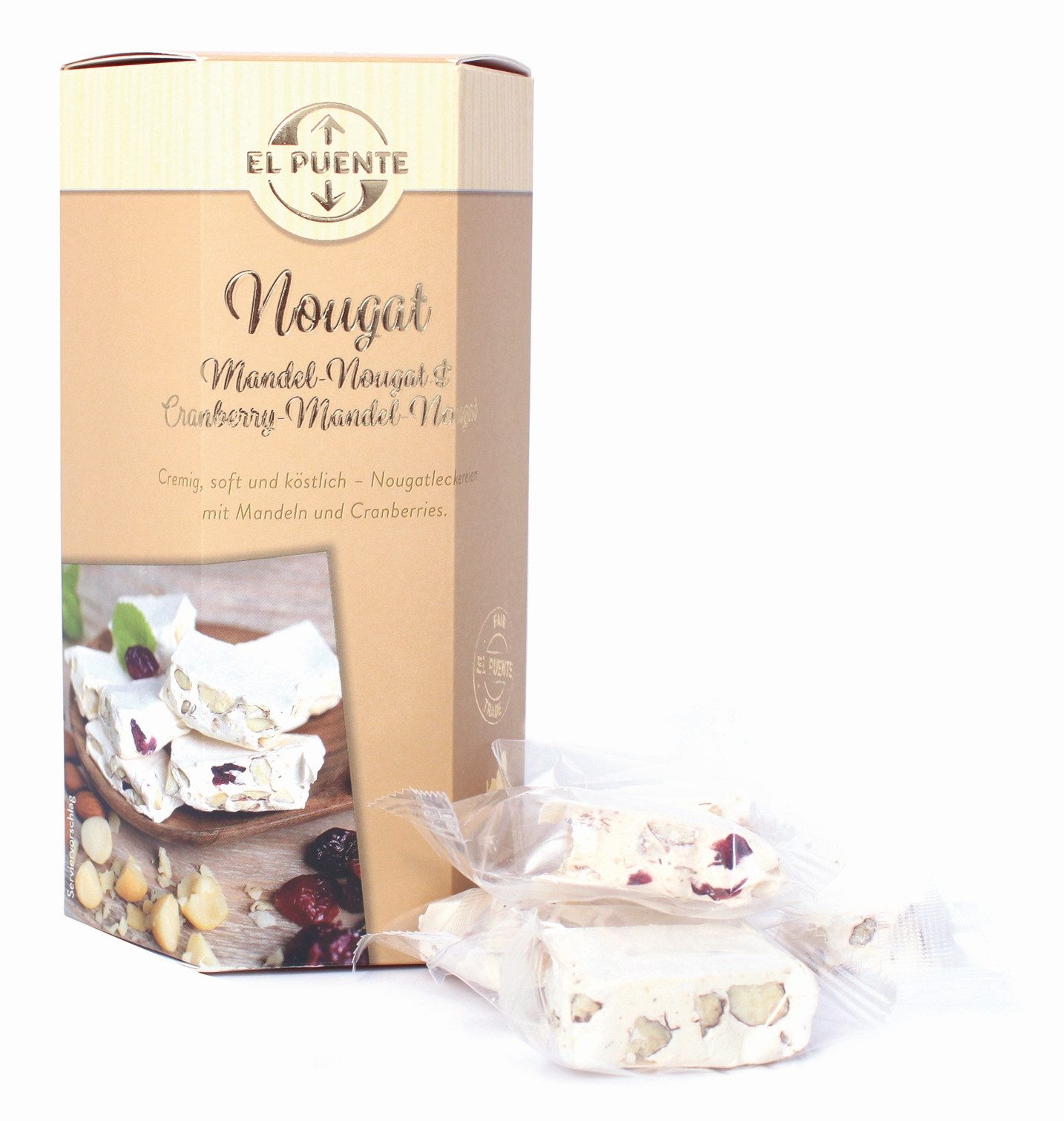El Puente Knabberei Nougat mit Cranberry & Mandel, Fair Trade, Glutenfrei, Fair Trade