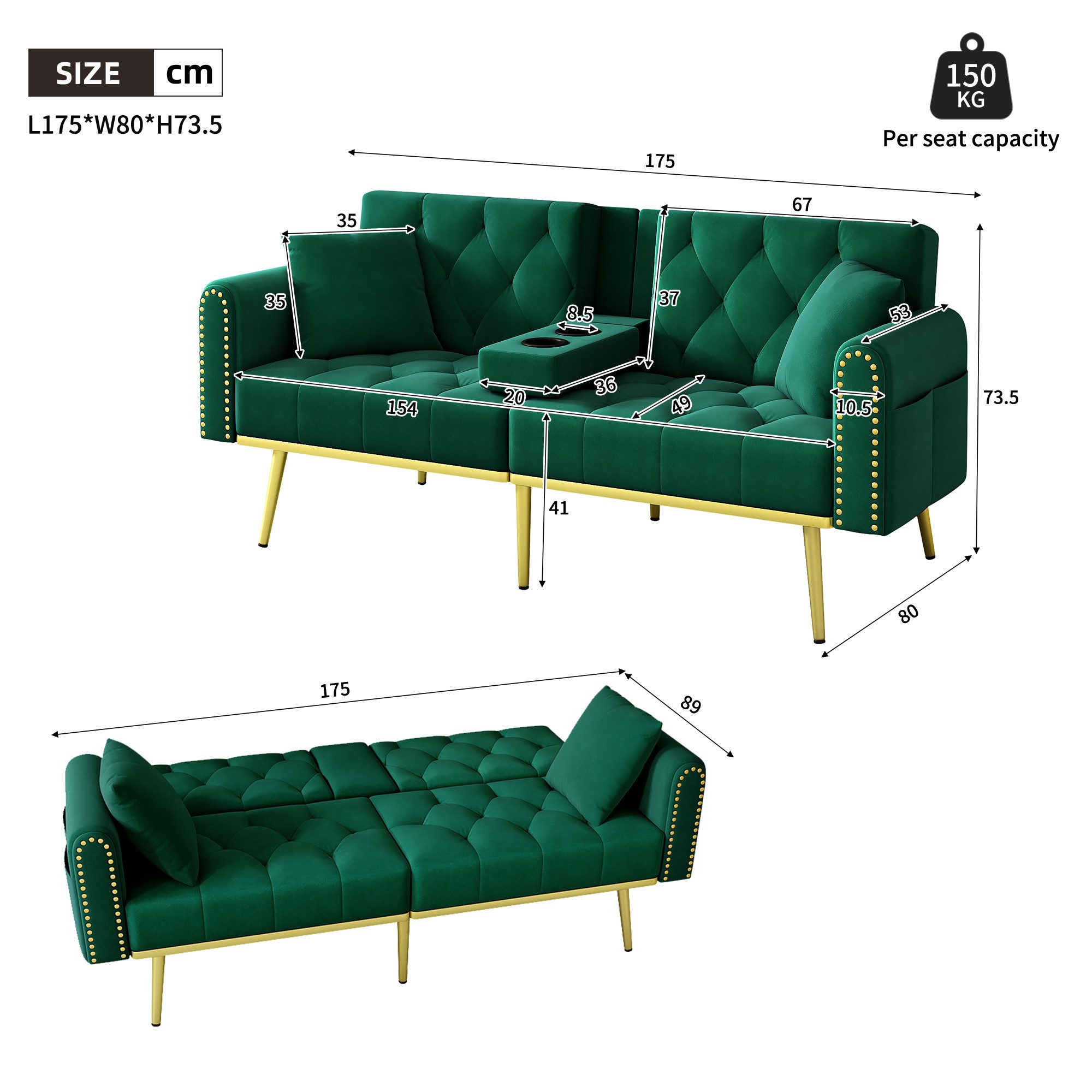 Merax Schlafsofa mit 3 verstellbaren Neigungswinkeln & ausklappbarer Liegefunktion, 2 sitzer Klappsofa Polstersofa mit bettfunktion 1 Teile, Sofa klappbar mit G – Bild 5 von 5