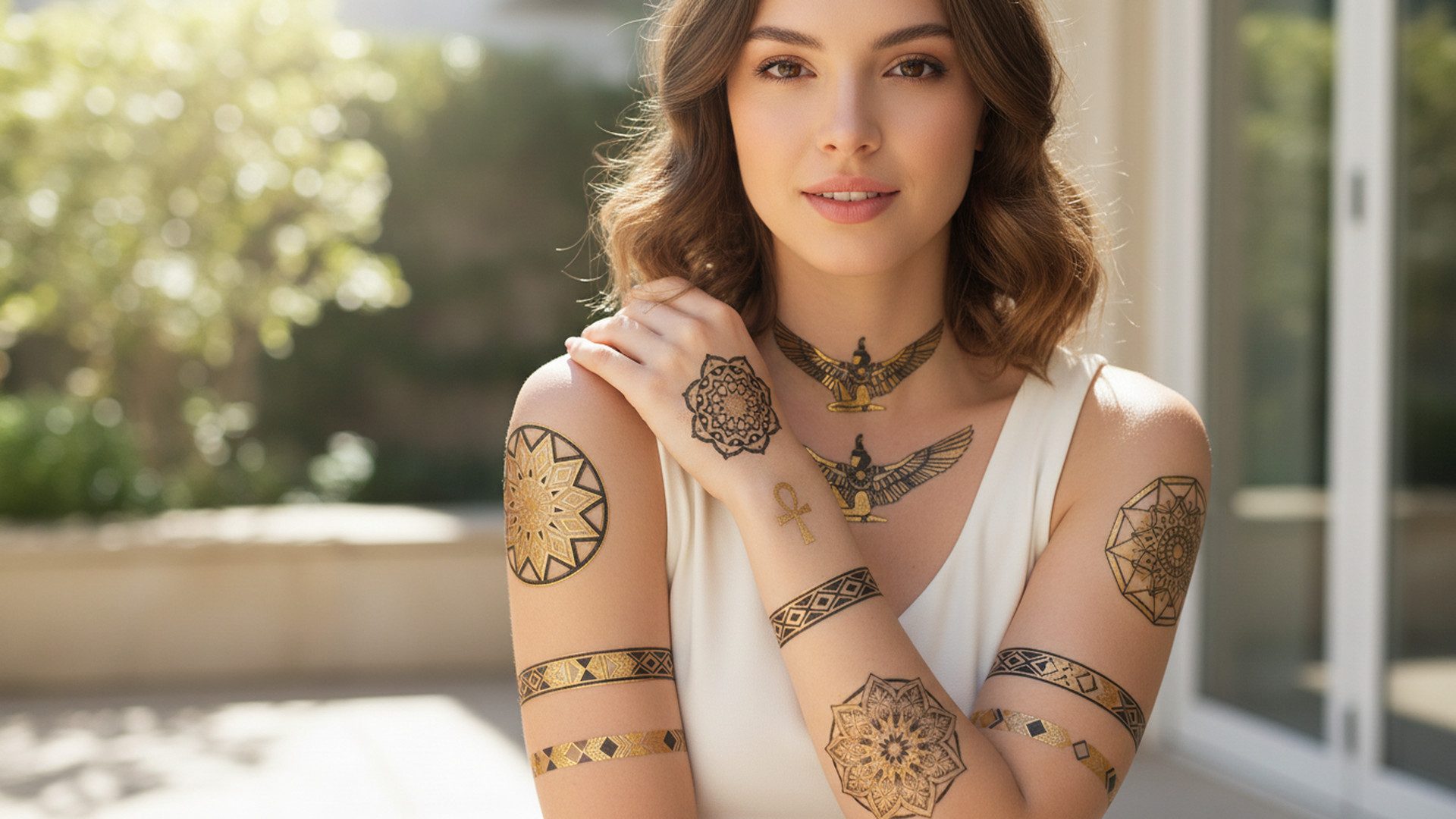 LK Trend & Style Schmuck-Tattoo Modeschmuck BEAUTY, Gold Metallic Flash Tattoos, Armkettchen, 5-tlg., große Auswahl für Festival Sommer Party gute Laune, zum Aufkleben auf die Haut