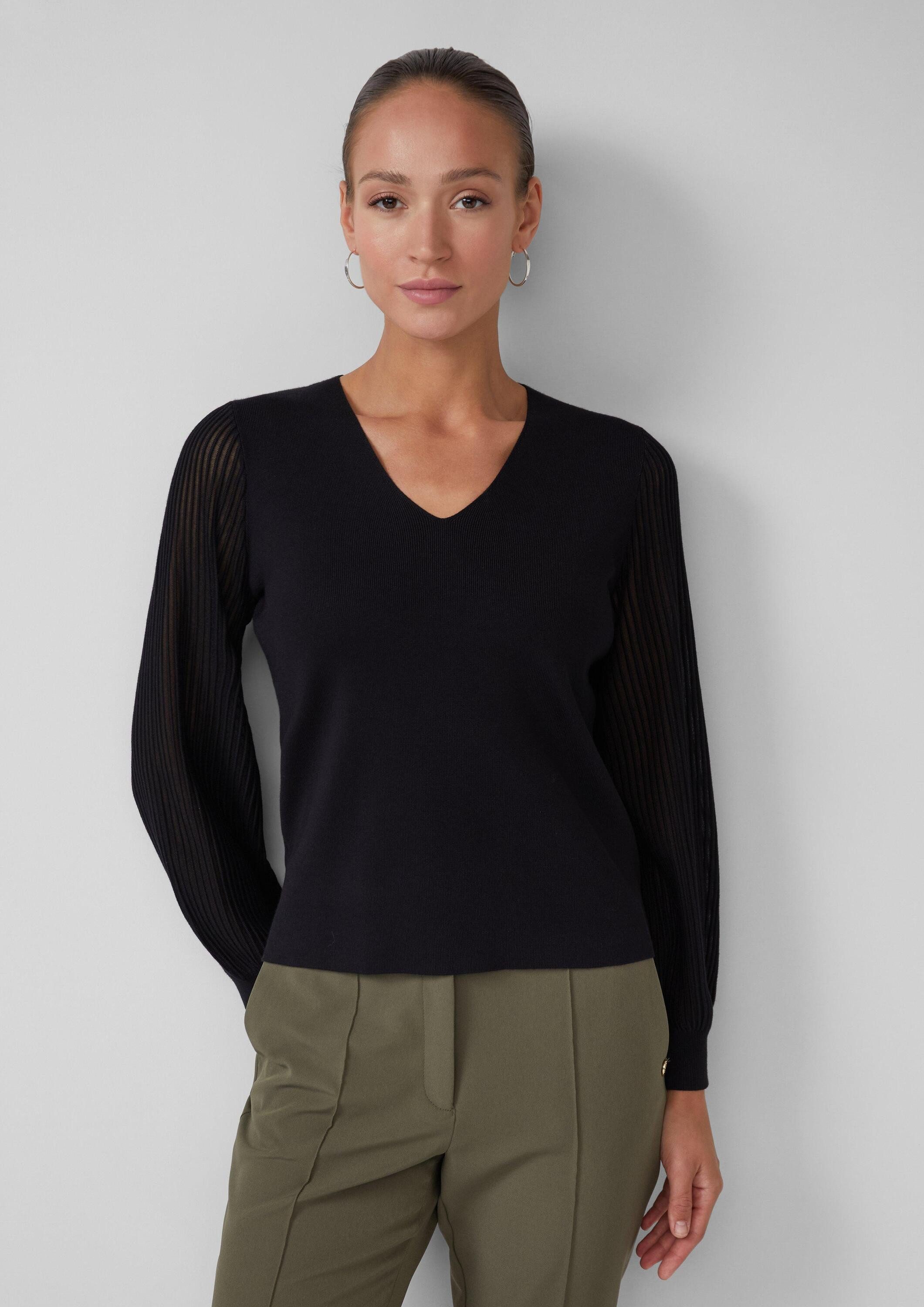 s.Oliver Longpullover Strickpullover Feinstrickpullover mit V-Ausschnitt und semitransparenten Ärmeln
