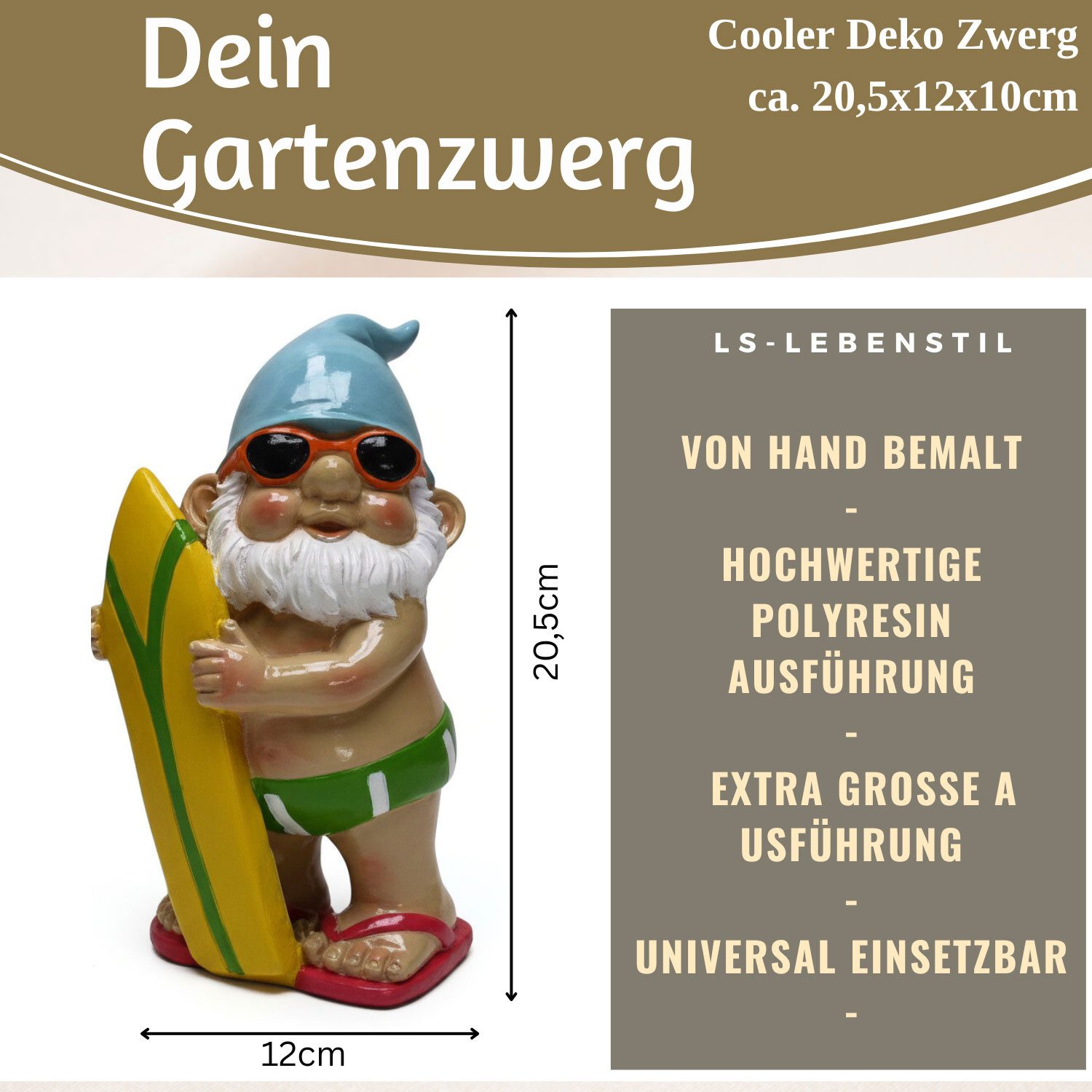 LS-LebenStil Gartenzwerg XL Deko Figur Gartenzwerg Surfer 20cm Gnom Skulptur Gartenstatue, (1 St), Zwerg Skulptur Objekt Statue Gartenfigur Teich Pool Deko