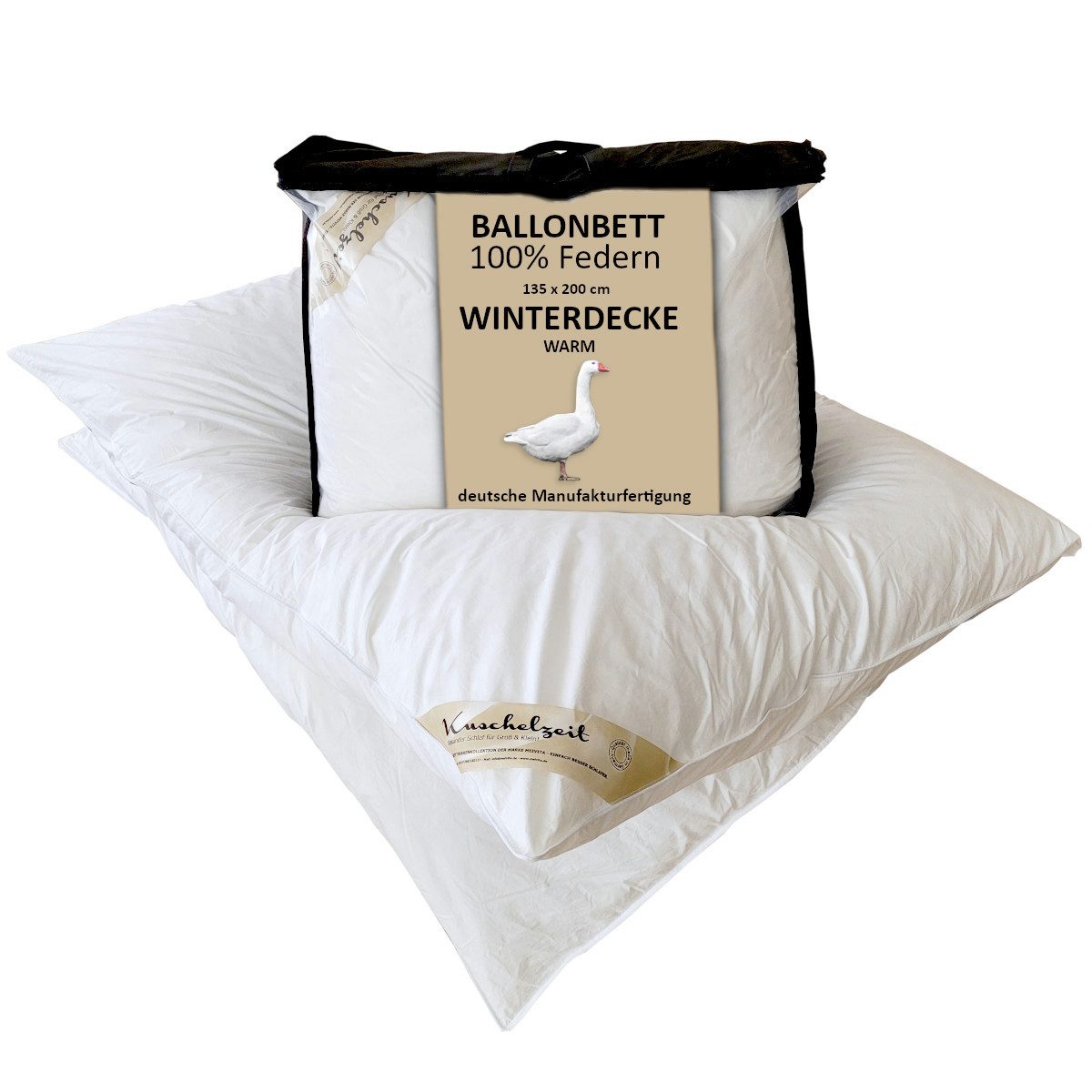 Meivita Gänsefederbettdecke Ballonbett mit 100% Federn, Füllung: 100% neue weiße Gänsefedern Klasse 1, Bezug: 100% Baumwolle, Winterdecke hergestellt in Deutschland