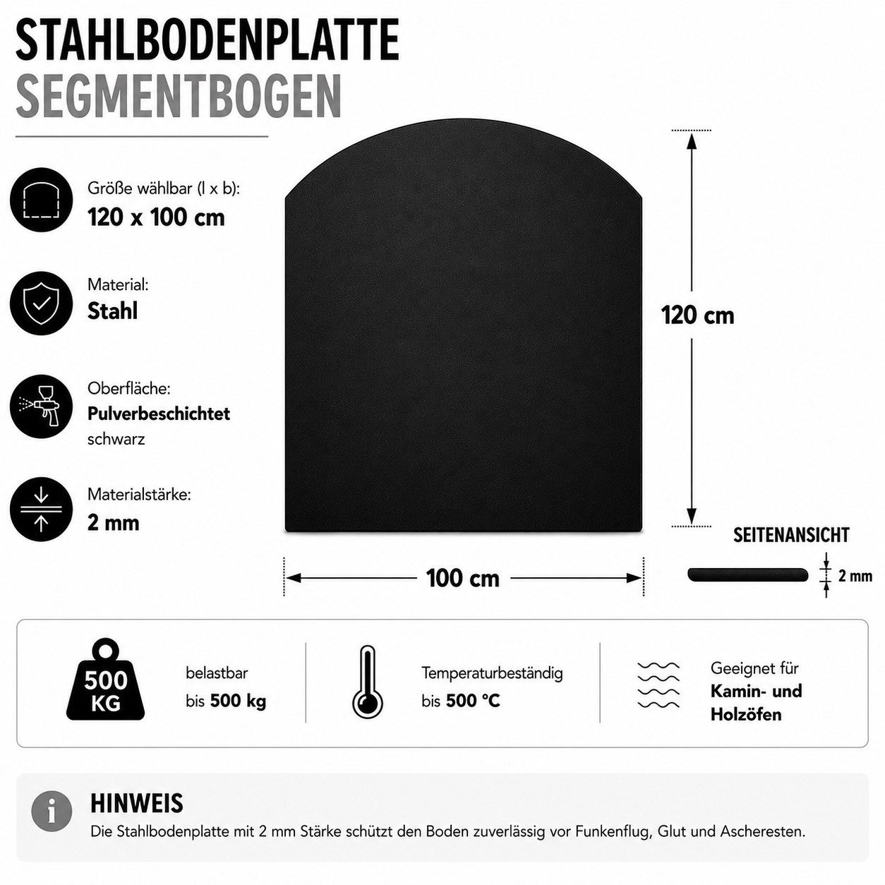 Hanseatic Bodenschutzplatte für Kaminöfen Segment 100 Stahl, 1-St., Stahl-Segment 100 x 120 cm, 2mm Stärke, schwarz, zum Funkenschutz – Bild 2 von 4