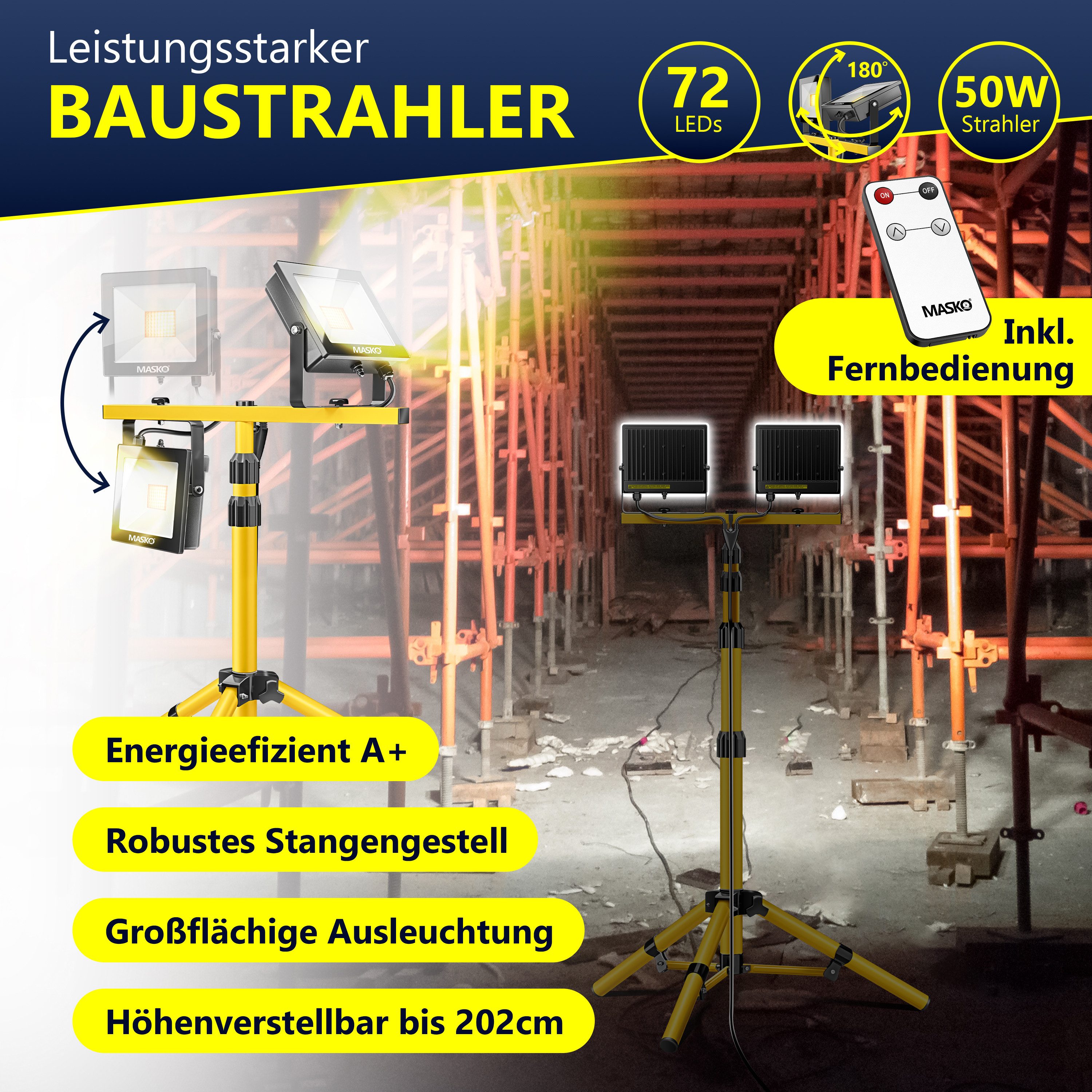 MASKO LED Baustrahler LED Fluter mit Stativ höhenverstellbar bis 202cm, 8000 Lumen Strahler, LED fest verbaut, Kaltweiß, 2x50W LED Arbeitsleuchte für drinnen & draußen, IP65, 5m Kabel