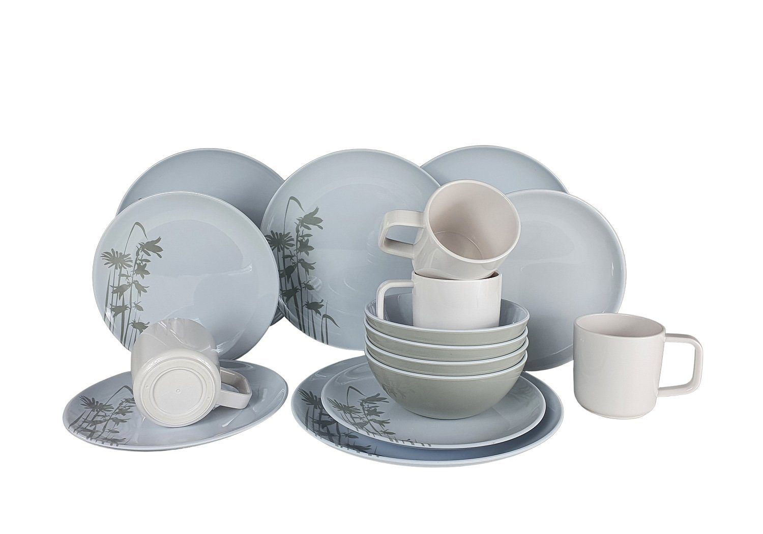 sesua Geschirr-Set Melamin Geschirrset Blumen 16tlg weiß grau Essgeschirr Camping