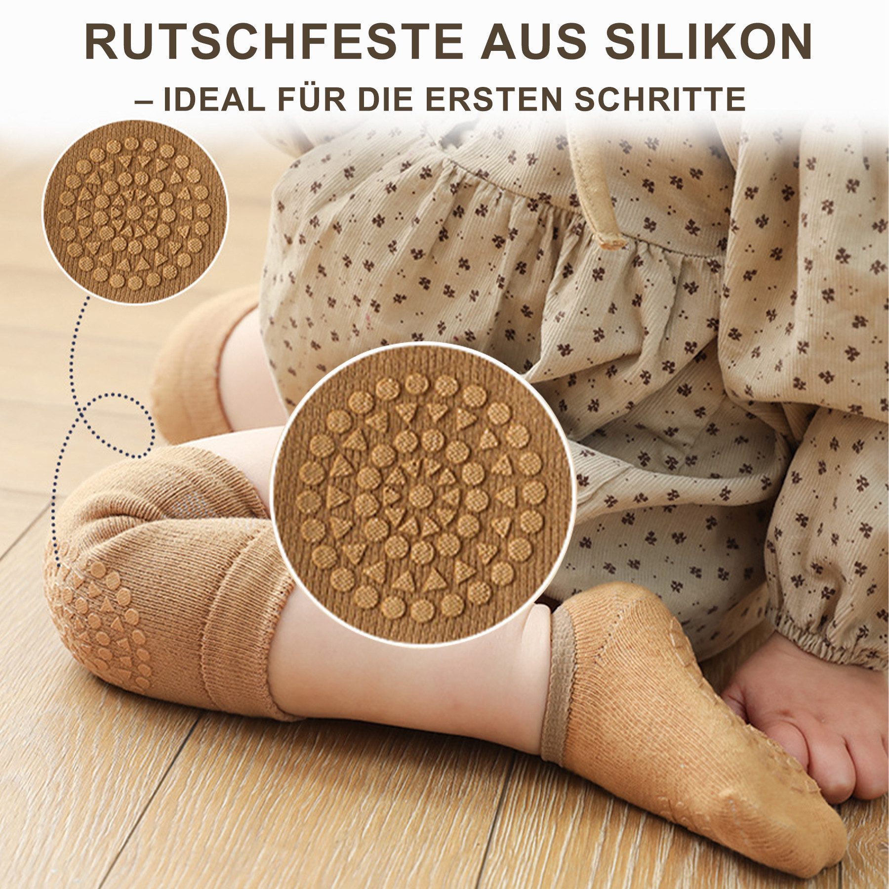 Mutig ABS-Socken 3 Paar Baby Socken & Baby Knieschoner,100 % Baumwolle Stoppersocken, (Krabbeln Set Mit Gummipunkten,Die Silikonteile erhöhen die Reibung) Stoppersocken Geeignet für Kinder von 0-3 Jahren,Grün, Blau, Braun