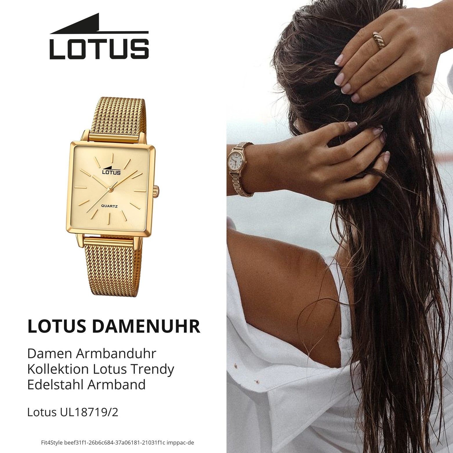 eckig, (ca. Fashion Lotus LOTUS 27mm) Edelstahlarmband klein Damen gold Damenuhr Quarzuhr 18719/2, Uhr
