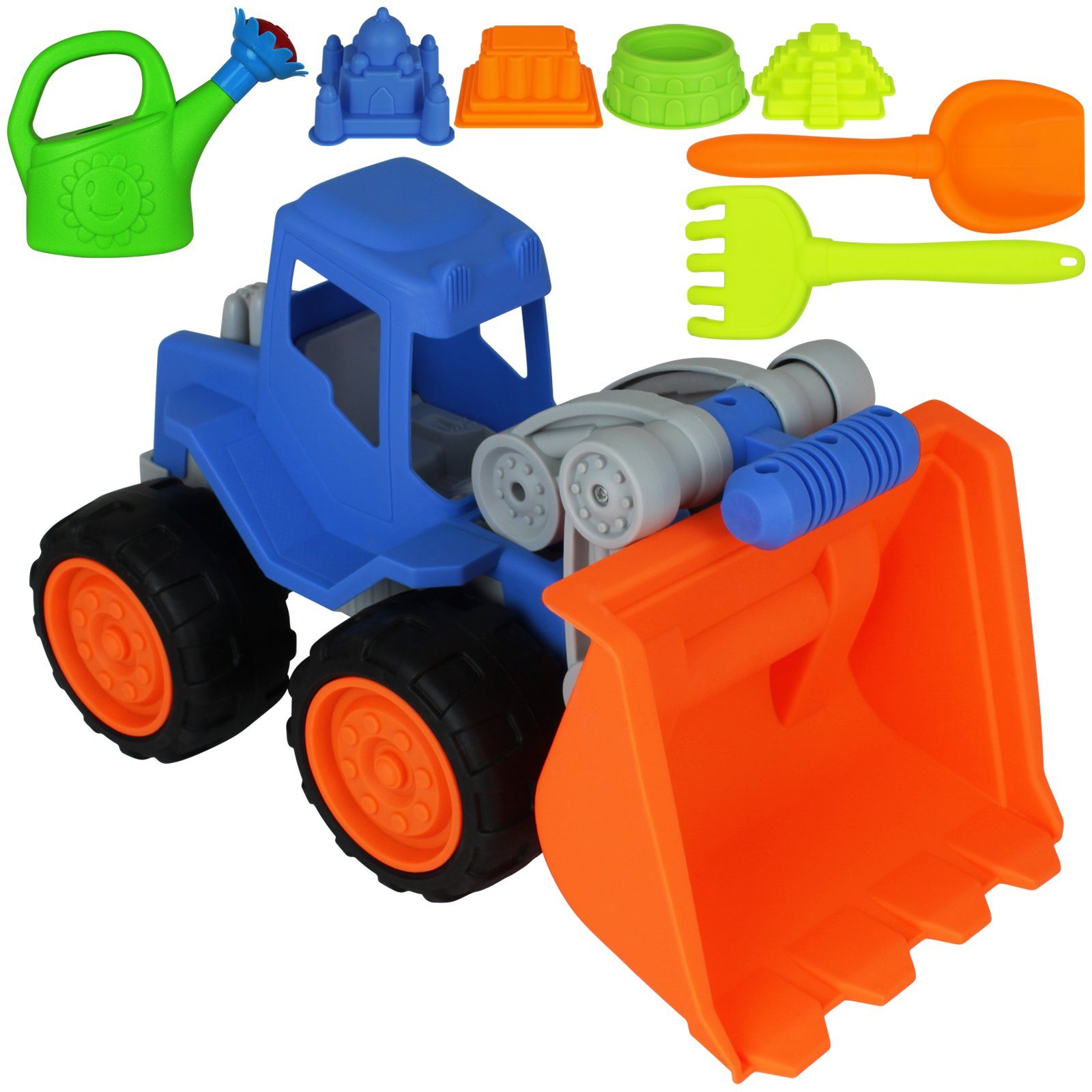 EDCO Sandform-Set Spielzeug Sandlaster mit Modellwahl Bauwagen Sandspielzeug, Schippe Schaufel Harke Gießkanne Formen Schieber Kipper Bagger