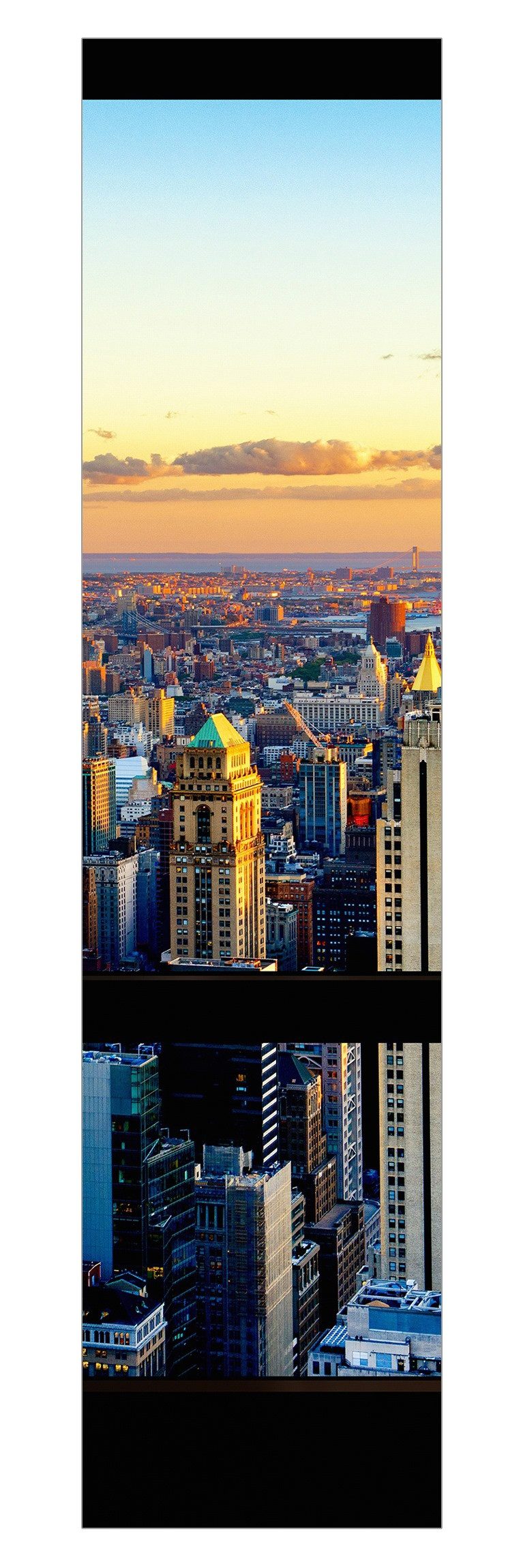 Bilderdepot24 Schiebegardine modern Flächenvorhang blickdicht Sonnenaufgang New York (1 St), halbtransparent, Wohnzimmer große Flächengardine lichtdurchlässig für Klemm-System