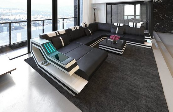 Sofa Dreams Wohnlandschaft »Ravenna«, XXL U Form Ledersofa mit LED, wahlweise mit Bettfunktion als Schlafsofa, Designersofa