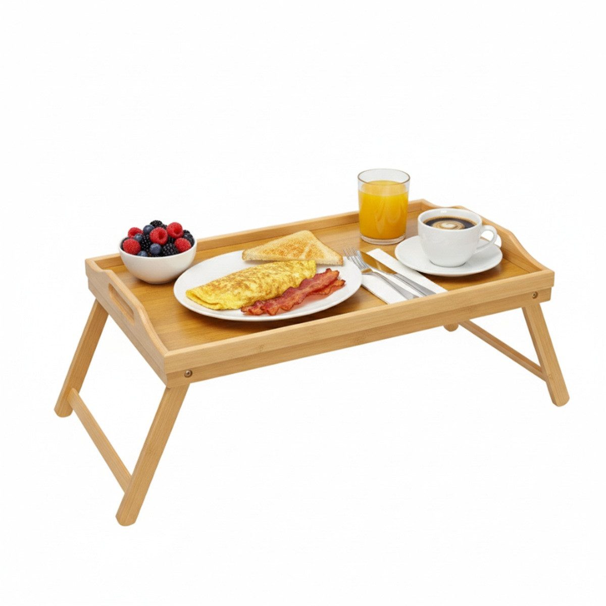 Cheffinger Servierbrett aus Bambus - Frühstücksbrett & Snacktablett mit Klappfüßen, Bambus, (1-St), mit Griff